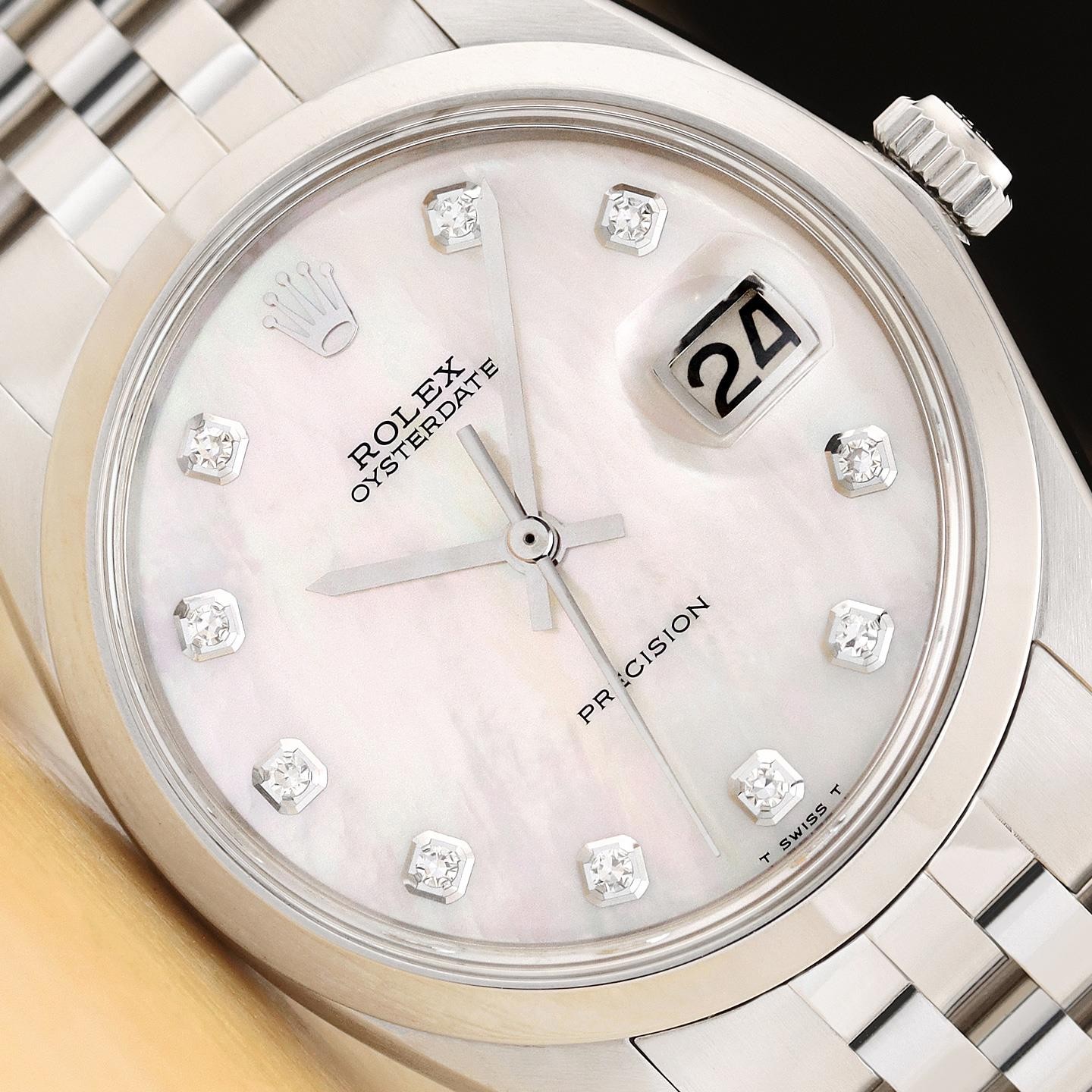 ROLEX OYSTERDATE PRECISION 6694 WHITE MOTHER OF PEARL DIAMOND STEEL 34MM WATCH