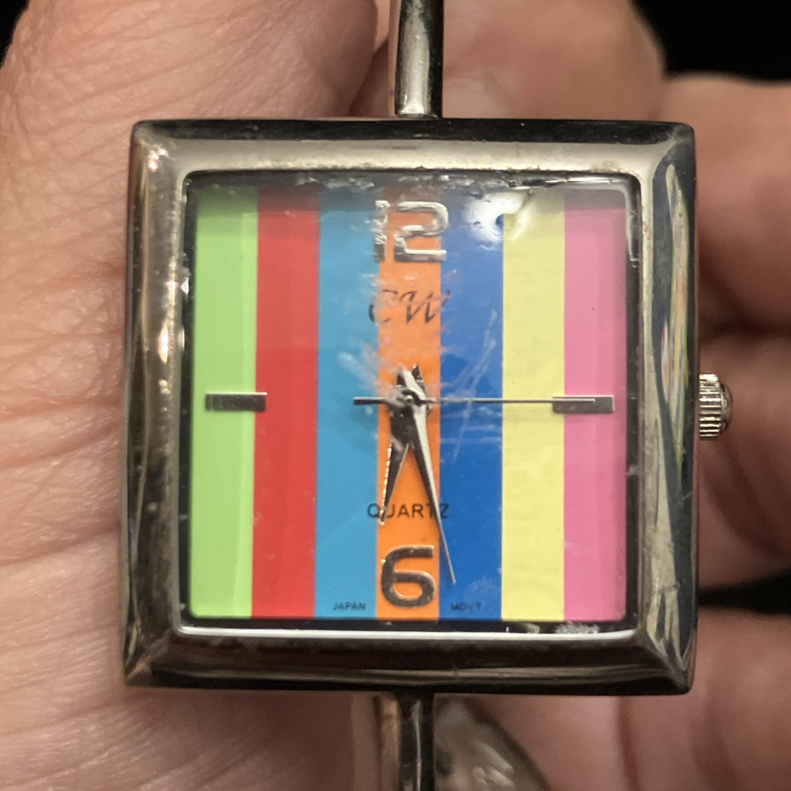CW Red Green Blue Yellow Square Face Striped Rainbow Watch Stainless Steel Works