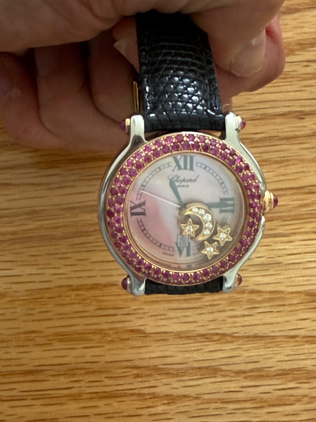 Chopard Vintage Happy Sport Watch ruby bezzle moon and stars 18k