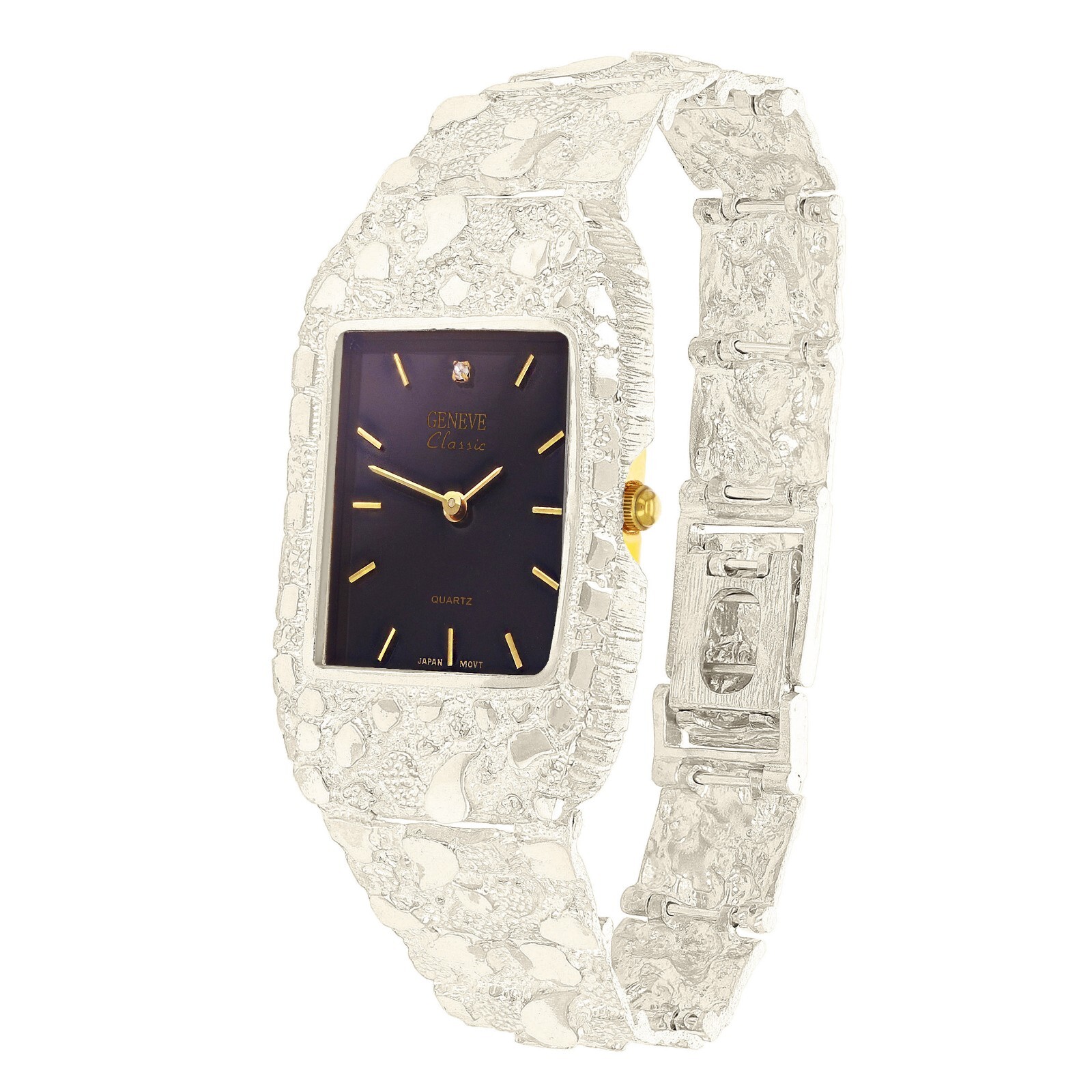 925 Sterling Silver Nugget Link Bracelet Geneve with Diamond Watch 7-7.5″ 44gram