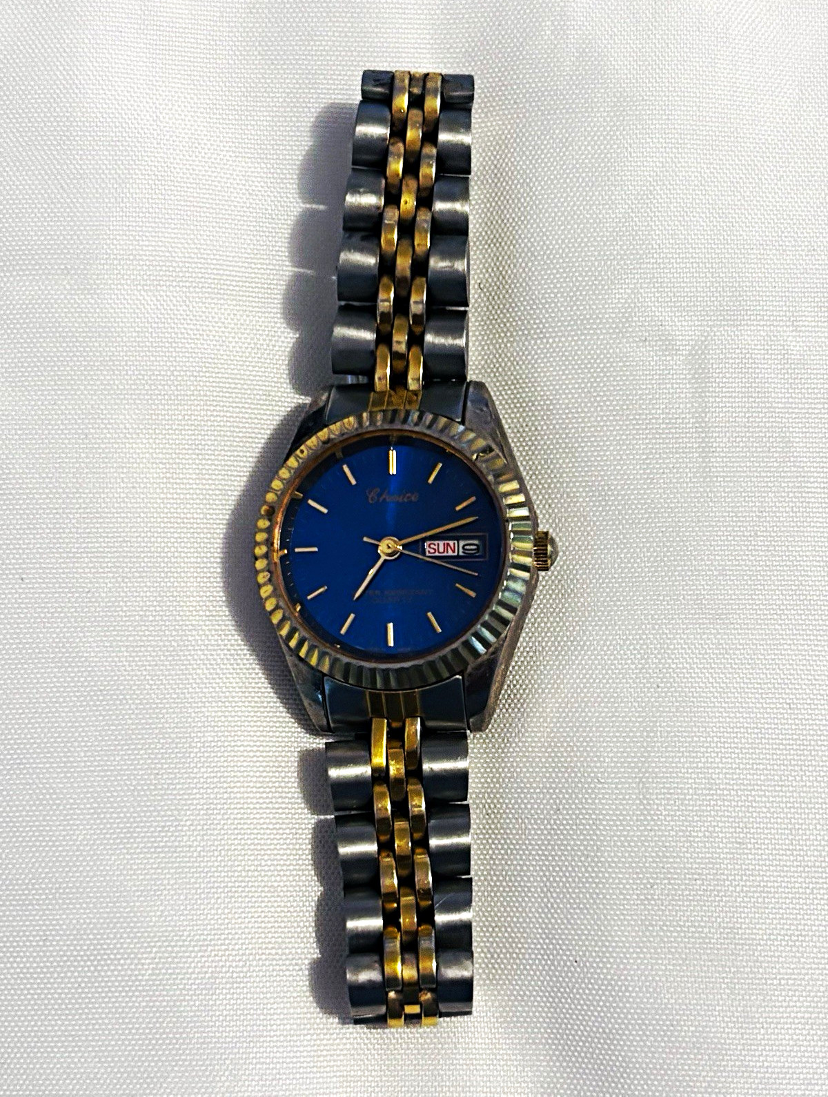 Choice Blue Dial Day/Date Quartz Two-Tone Metal Bracelet Fluted Bezel