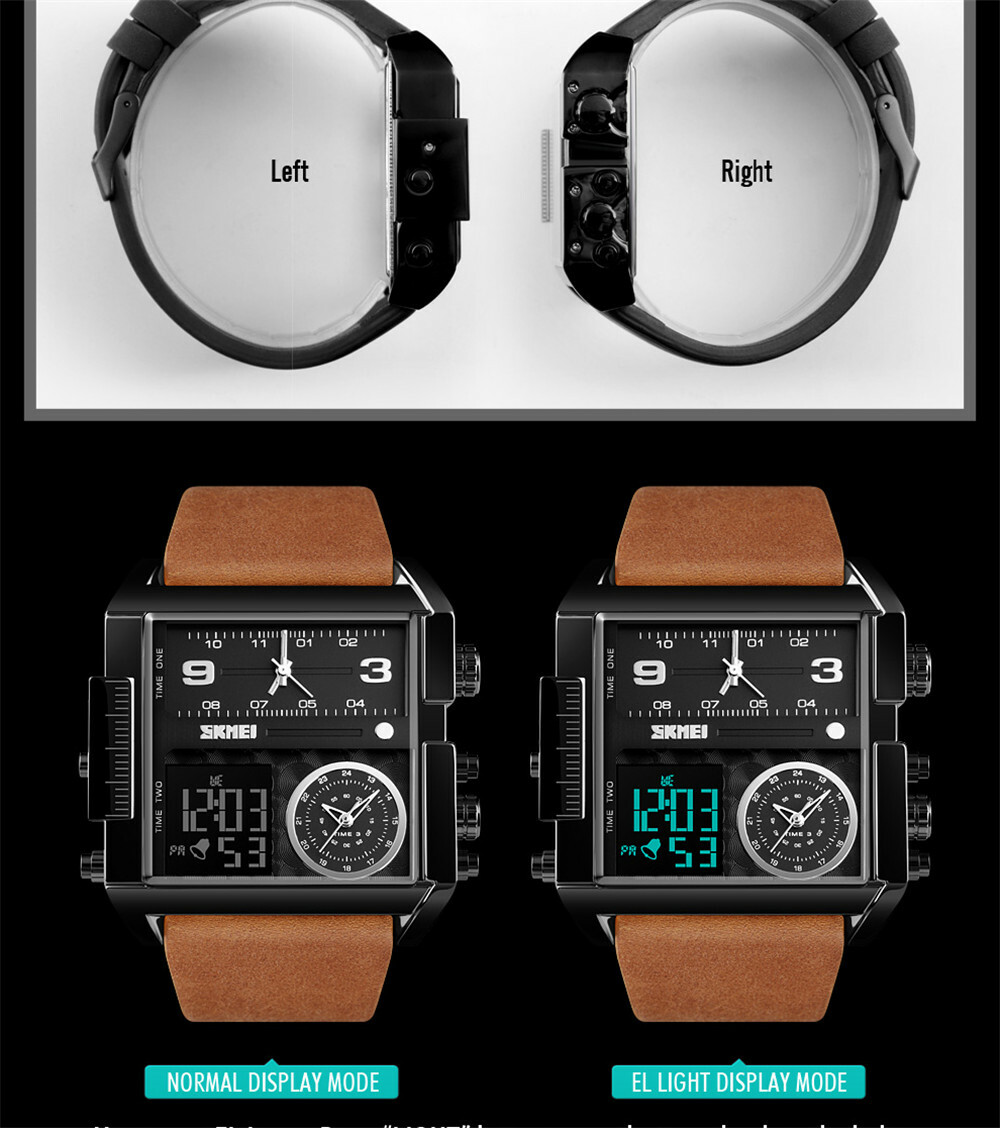 SKMEI Men’s Leather Watch – Square Digital Quartz Stopwatch Sport Wristwatch