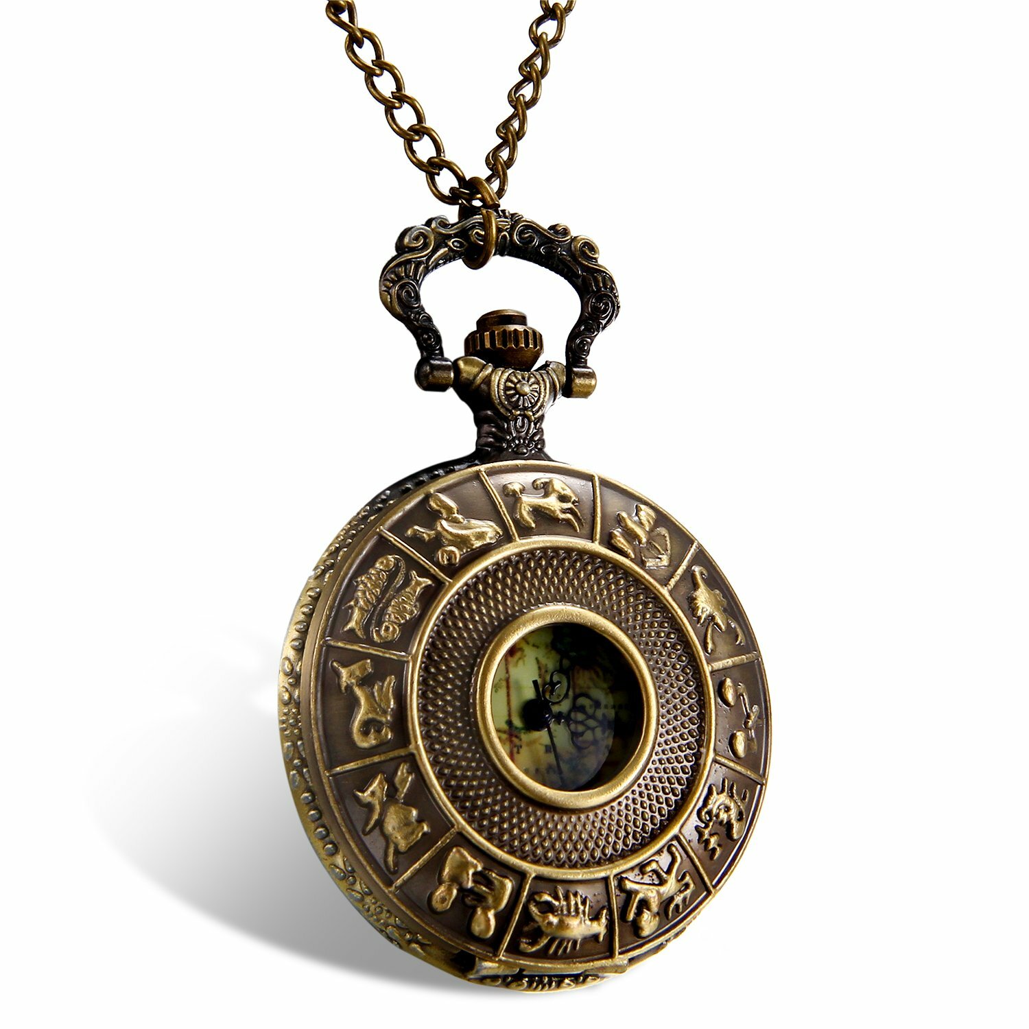 Bronze Constellation Map Roman Numeral Dial Quartz Analog Pocket Watch Necklace