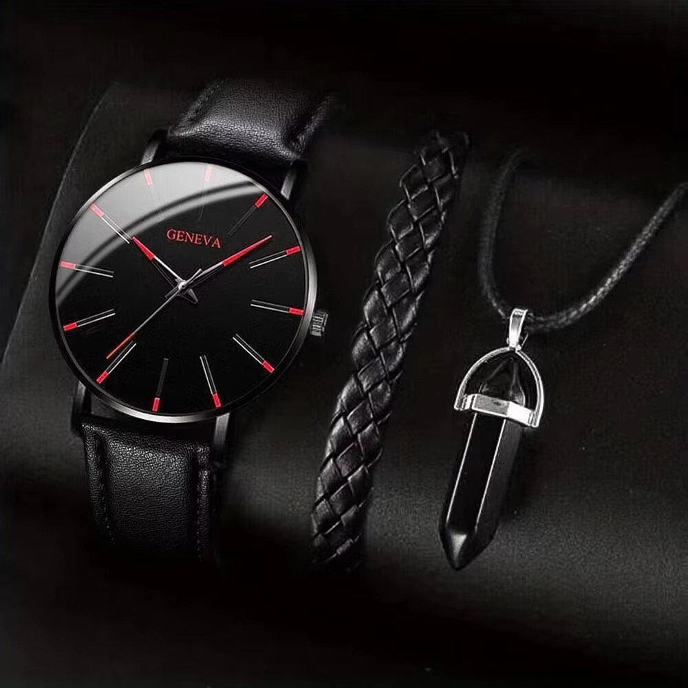 3PCS Men’s Watches Set Casual Leather Band Quartz Wristwatch Men Business Fashio