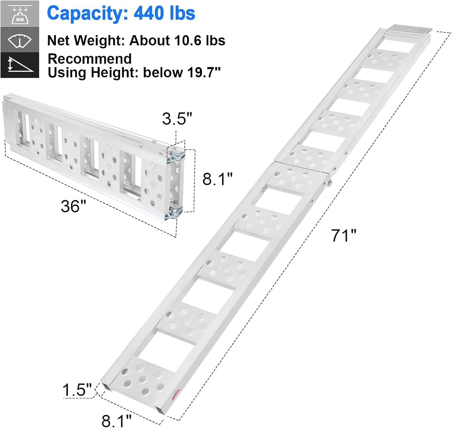 6’L X 8.1″ W Folding Loading Ramp, 440 Lbs Capacity, Aluminum Lightweight Portab