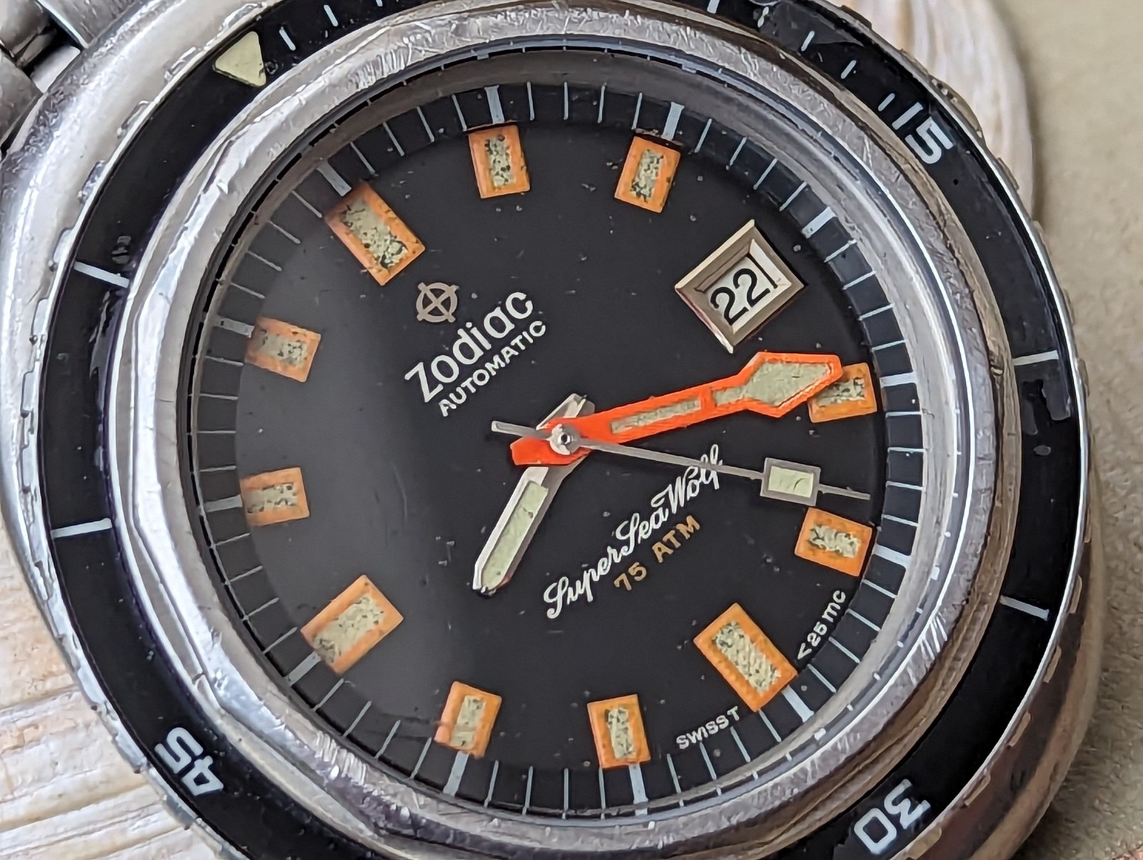 Vintage 1970 Zodiac ‘722-836’ Super Sea Wolf 75 ATM Diver w/Orig Band,72B Mvmt