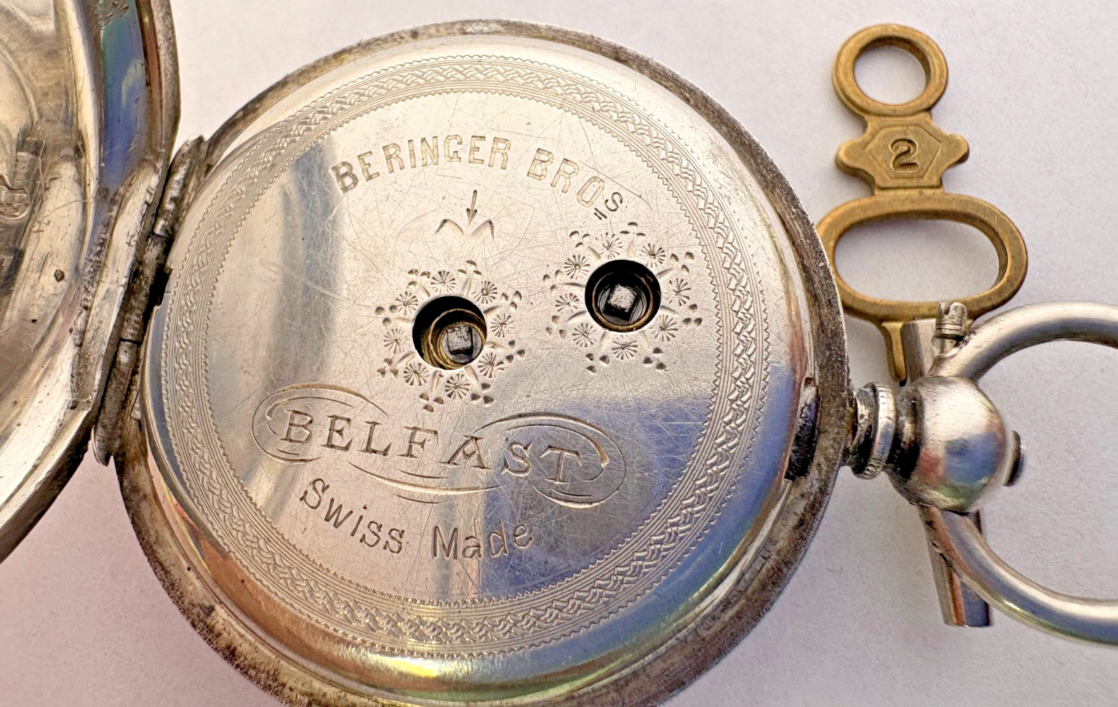 ANTIQUE 1880 VICTORIAN HAND PAINTED & HIGHLY ENGRAVED SILVER POCKET WATCH