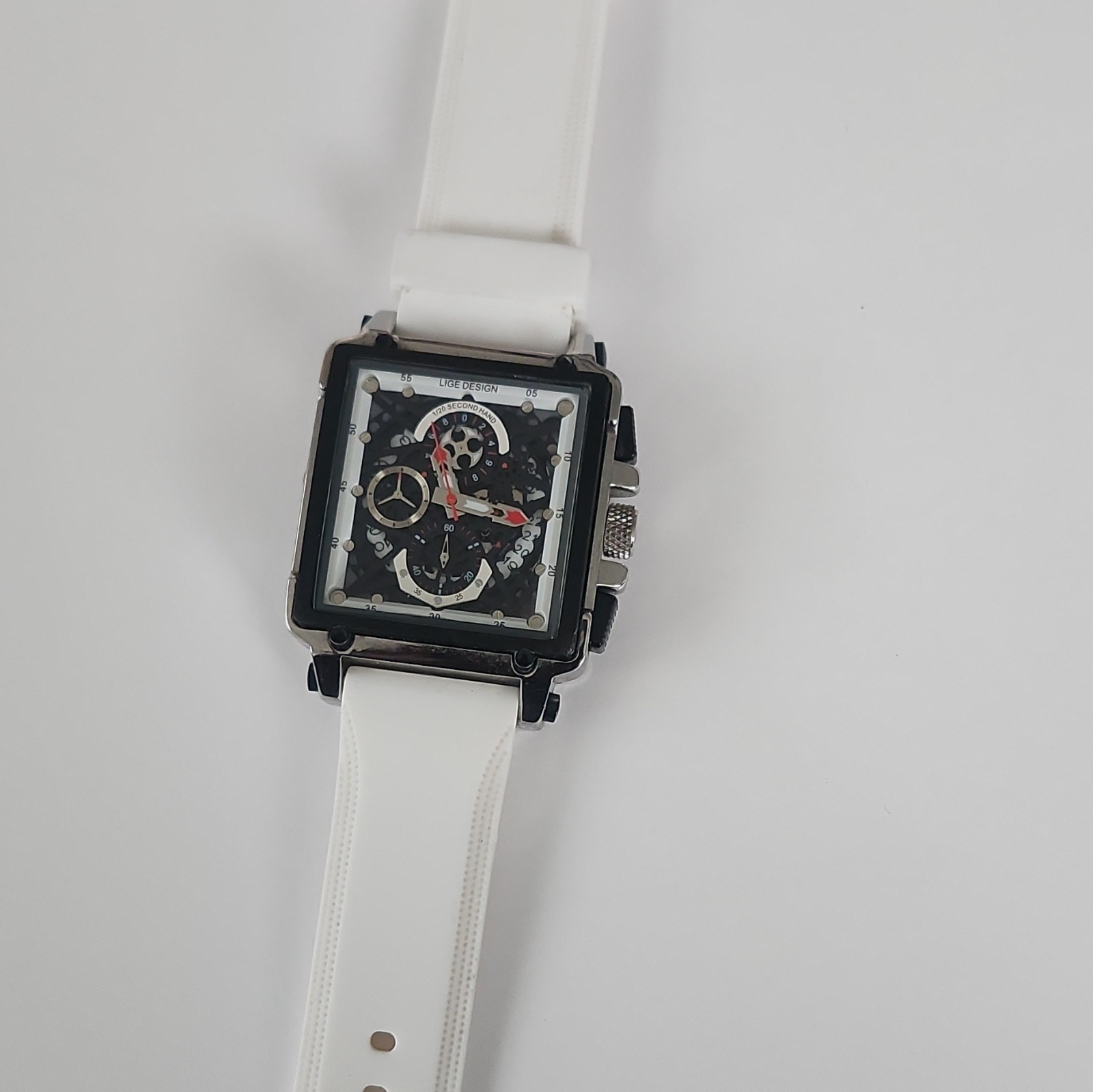 LIGE Men’s Square Skeleton Dial Quartz Chronograph, Black Case White Leather