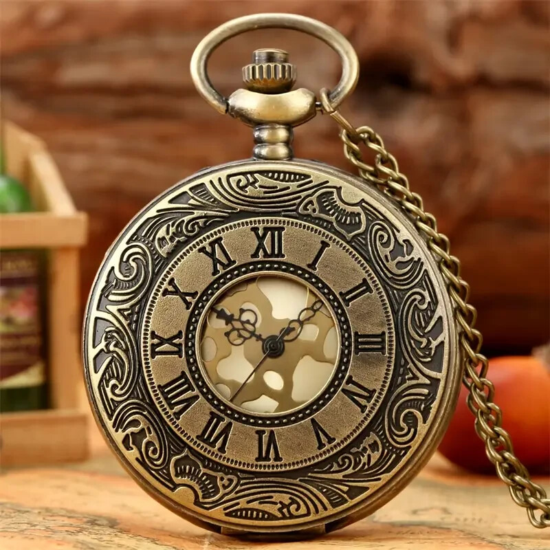 Retro Bronze Hollow Flip Roman Numerals Quartz Pocket Watch Fashionable Gift New