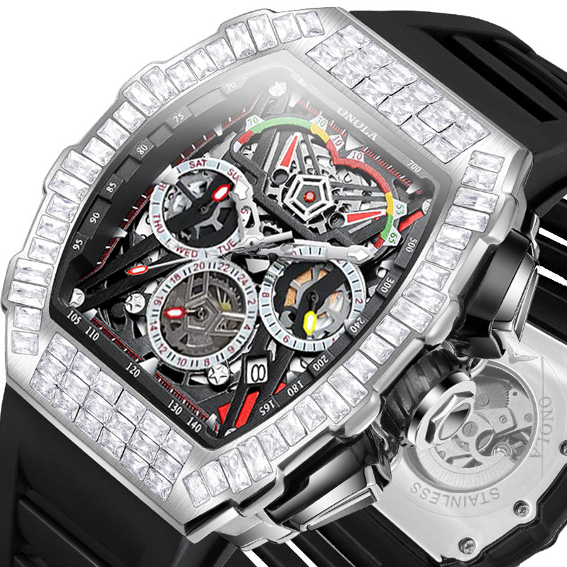 ONOLA Tonneau Hollow Pavé CZ Multifunction Week/Month Automatic Mechanical Watch