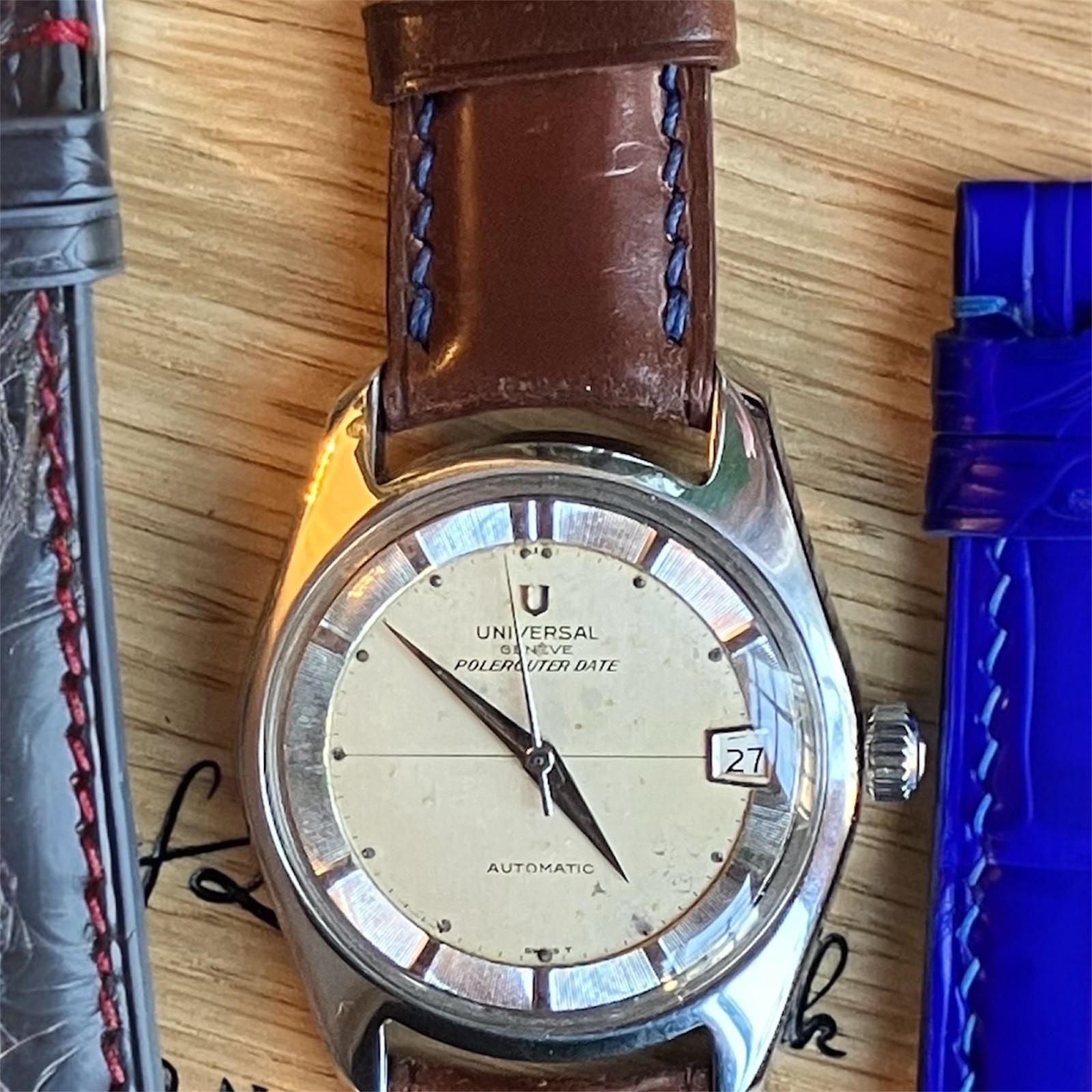 Universal Geneve Polerouter Auto Date ST 35mm case Cream Index dial Strap 1960
