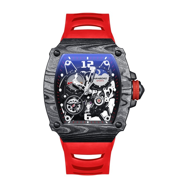 HANBORO Men Automatic Watch Tonneau Mechanical Wristwatch Sapphire Carbon Fiber