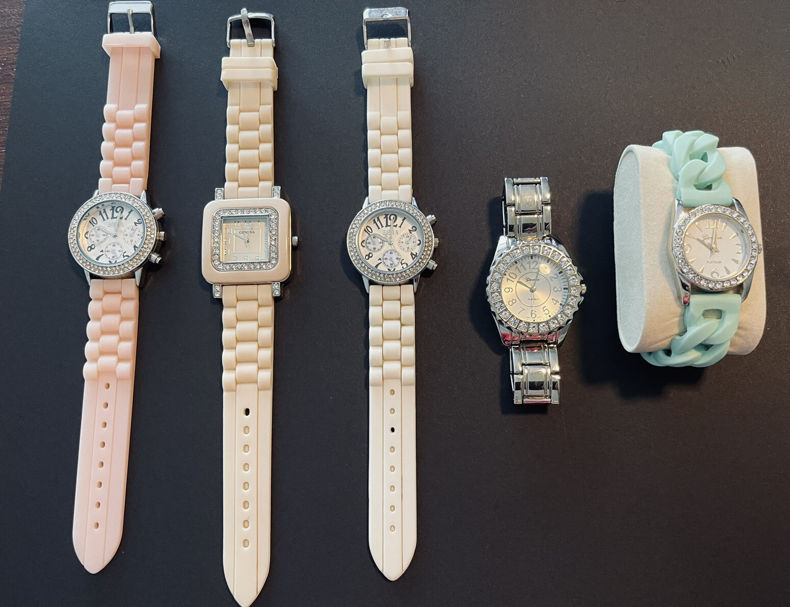 5PC LOT GENEVA BORA Jelly Band CZ Rhinestone SS Braclet +White Beige Pink Green