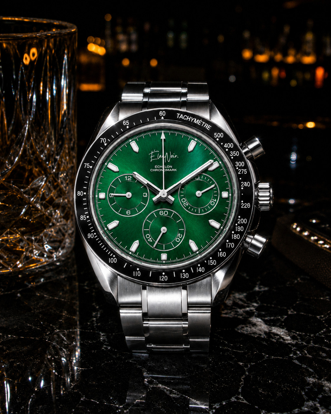 Élan Noir Chronograph Watch VK63 Emerald Green Sapphire Crystal Steel 40mm