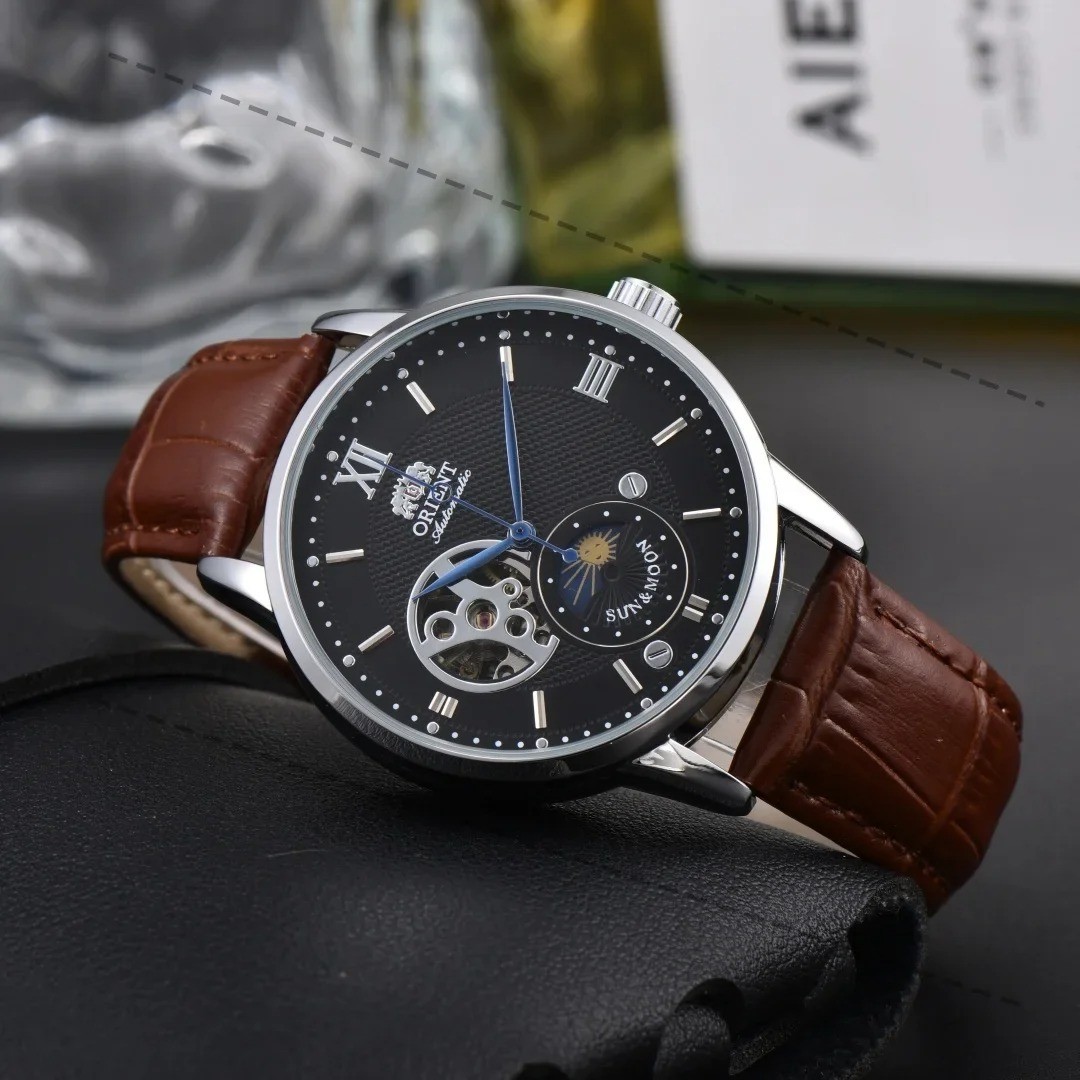 Sun & Moon Semi Skeleton Automatic Watch Men’s Leather Strap Luxury Gift