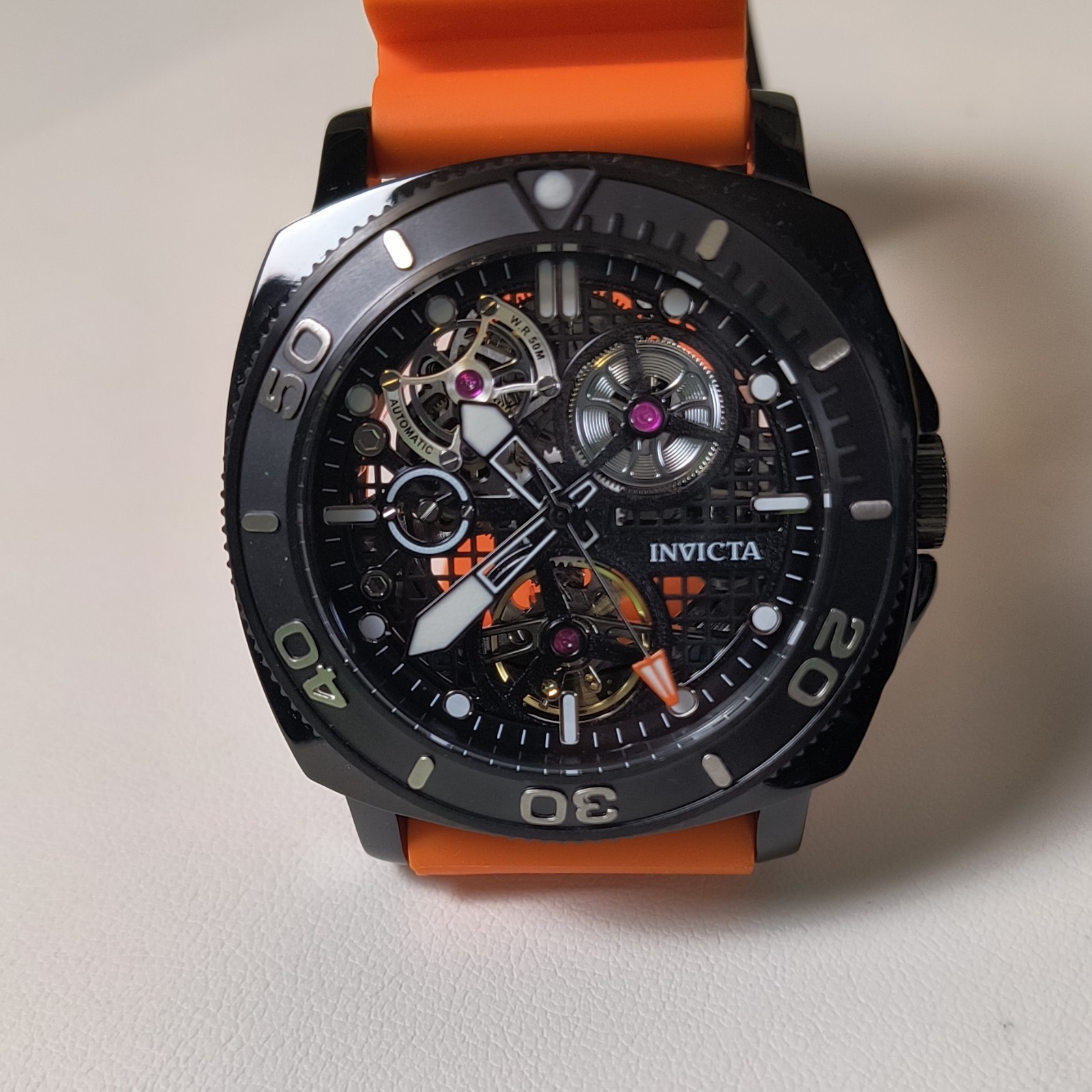 Invicta Sea Hunter Automatic Skeleton Black/Orange Dial 44mm OrangeStrap GiftBox