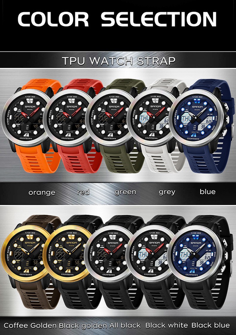 Dual display dial multifunctional sports style high waterproof quartz watch