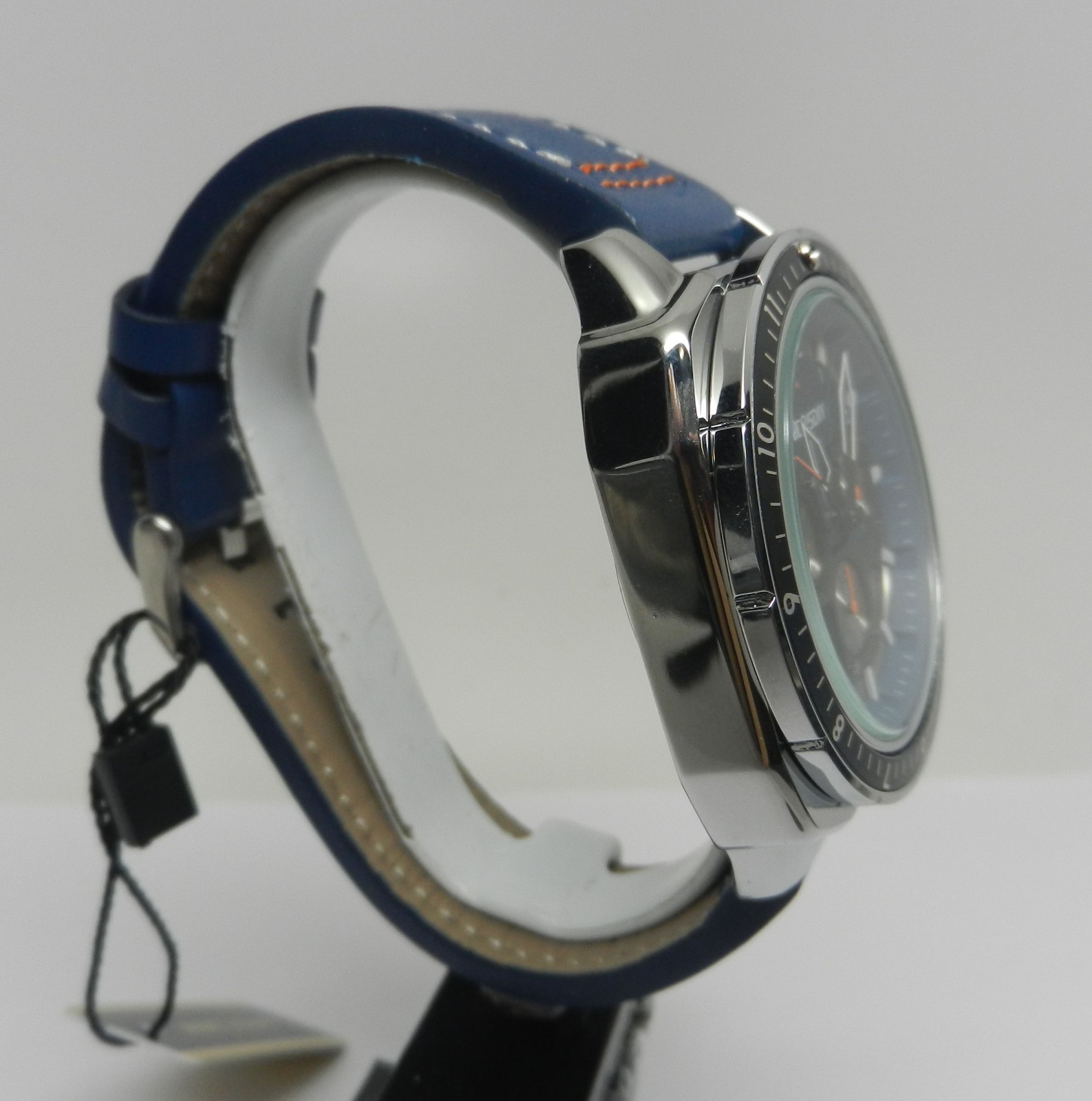 Men’s 45mm Blue Textured Chronograph Date Dial W/ Leather 24HR Dial Sport Watch