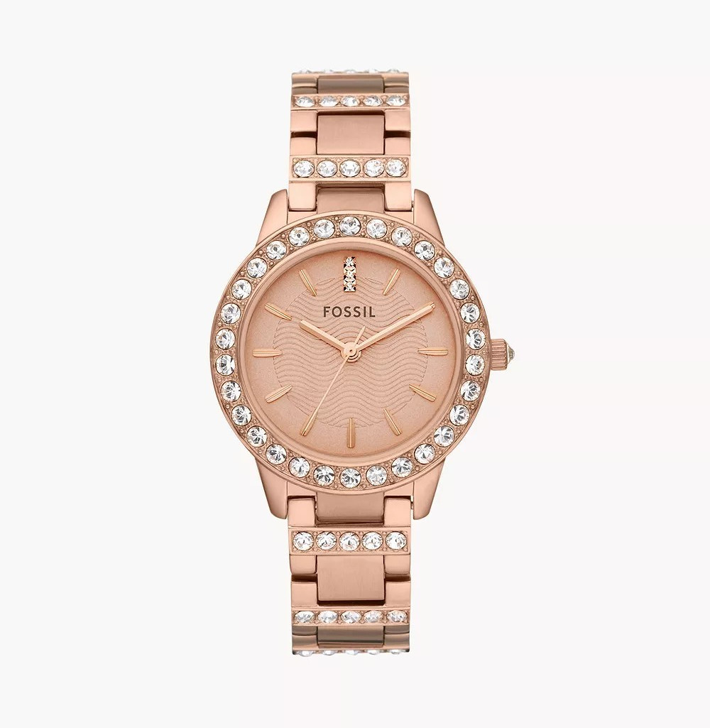 Fossil Carlie Women’s Rose Gold Tone Gem-Set Bezel Diamond Accent Watch