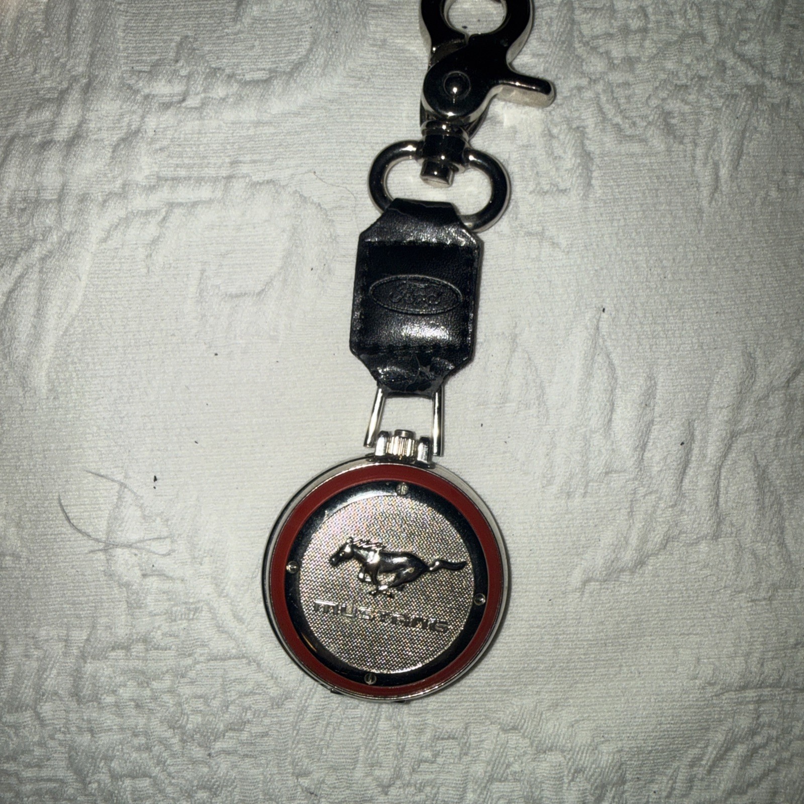 VTG Ford Mustang Silver Tone Pocket Watch w/Flip Cover & Clip Needs Battery