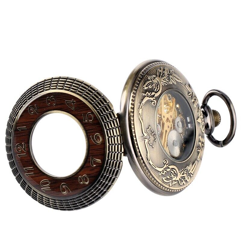 Bronze Men’s Hand-winding Mechanical Pocket Watch Pendant Chain Skeleton Dial