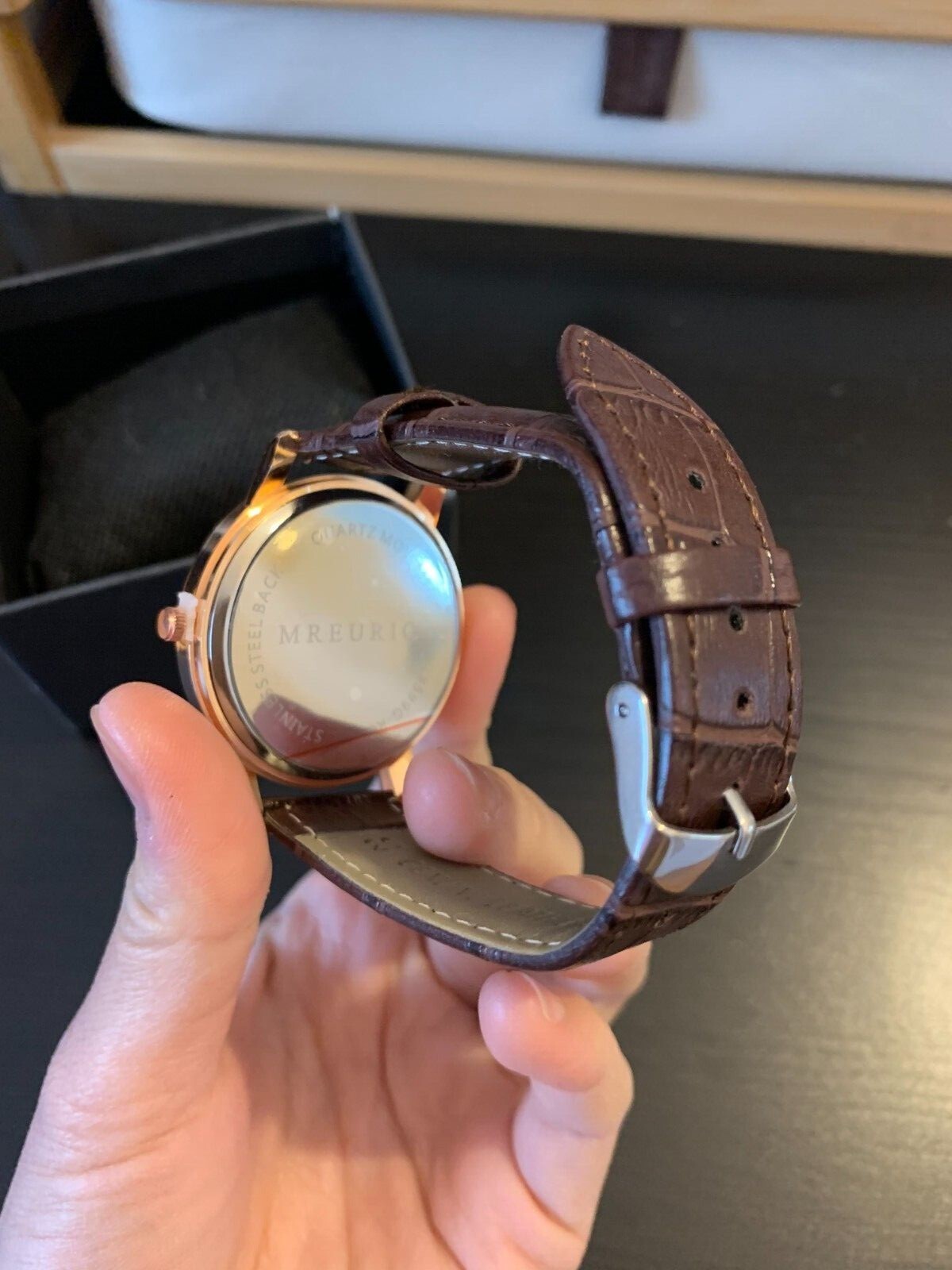 Mreurio White Dial Round Gold Tone Case Brown Leather Band Watch Men
