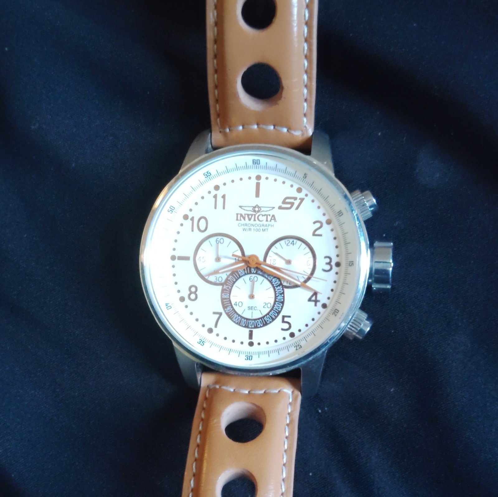 Invicta S1 Quartz Chronograph Watch White Dial Brown Leather Strap 45mm