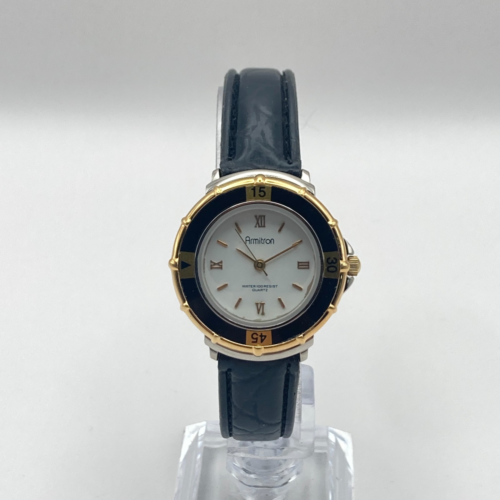 Vtg Armitron Womens Watch Gold Silver Tone Rotating Bezel New Battery SMALL 7.5″