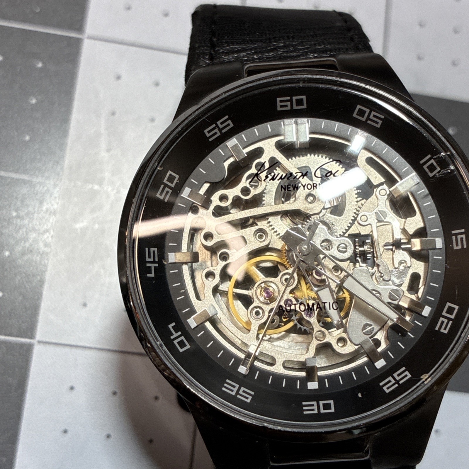 Kenneth Cole KC8048 Automatic Skeleton Men’s Watch Black Leather NIB