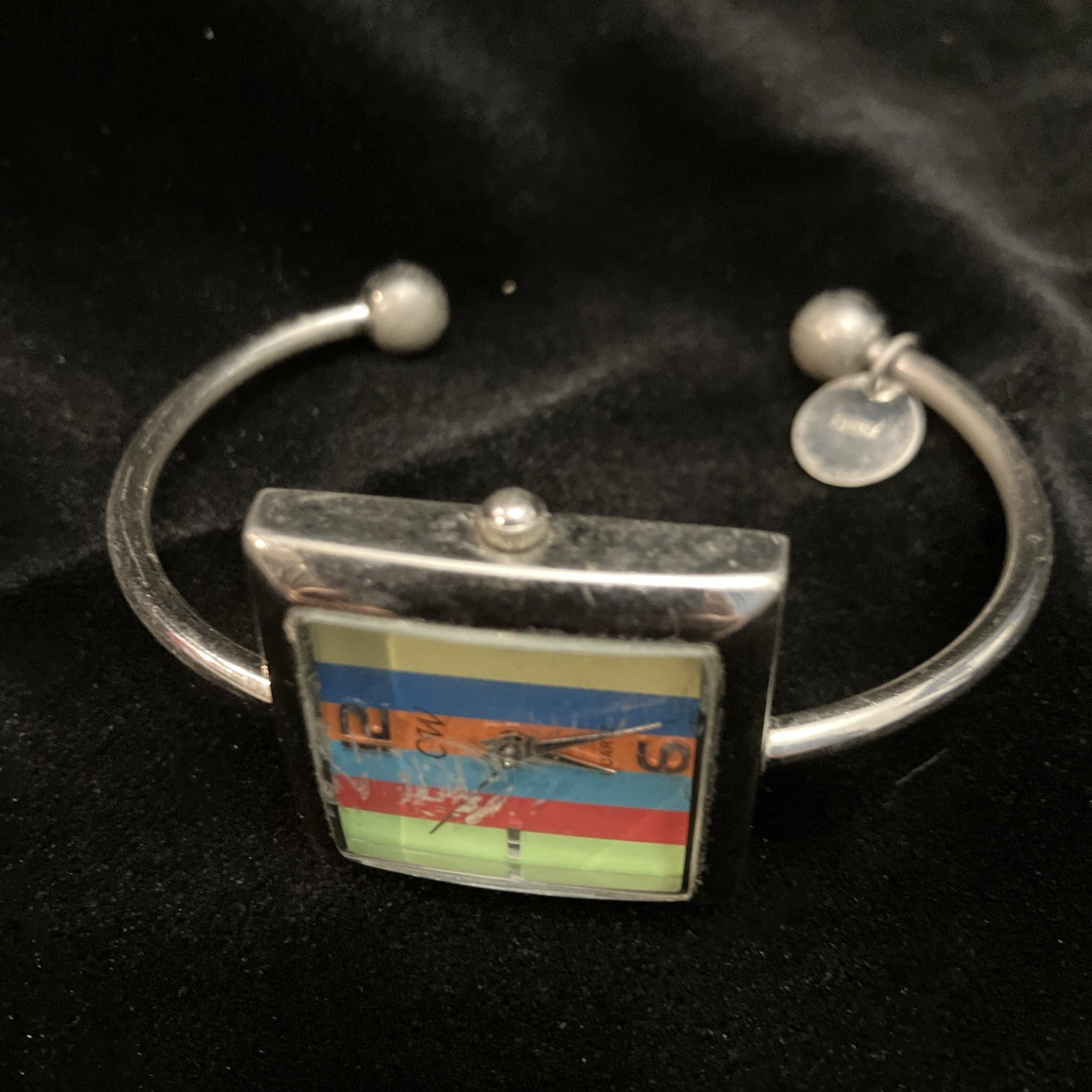 CW Red Green Blue Yellow Square Face Striped Rainbow Watch Stainless Steel Works