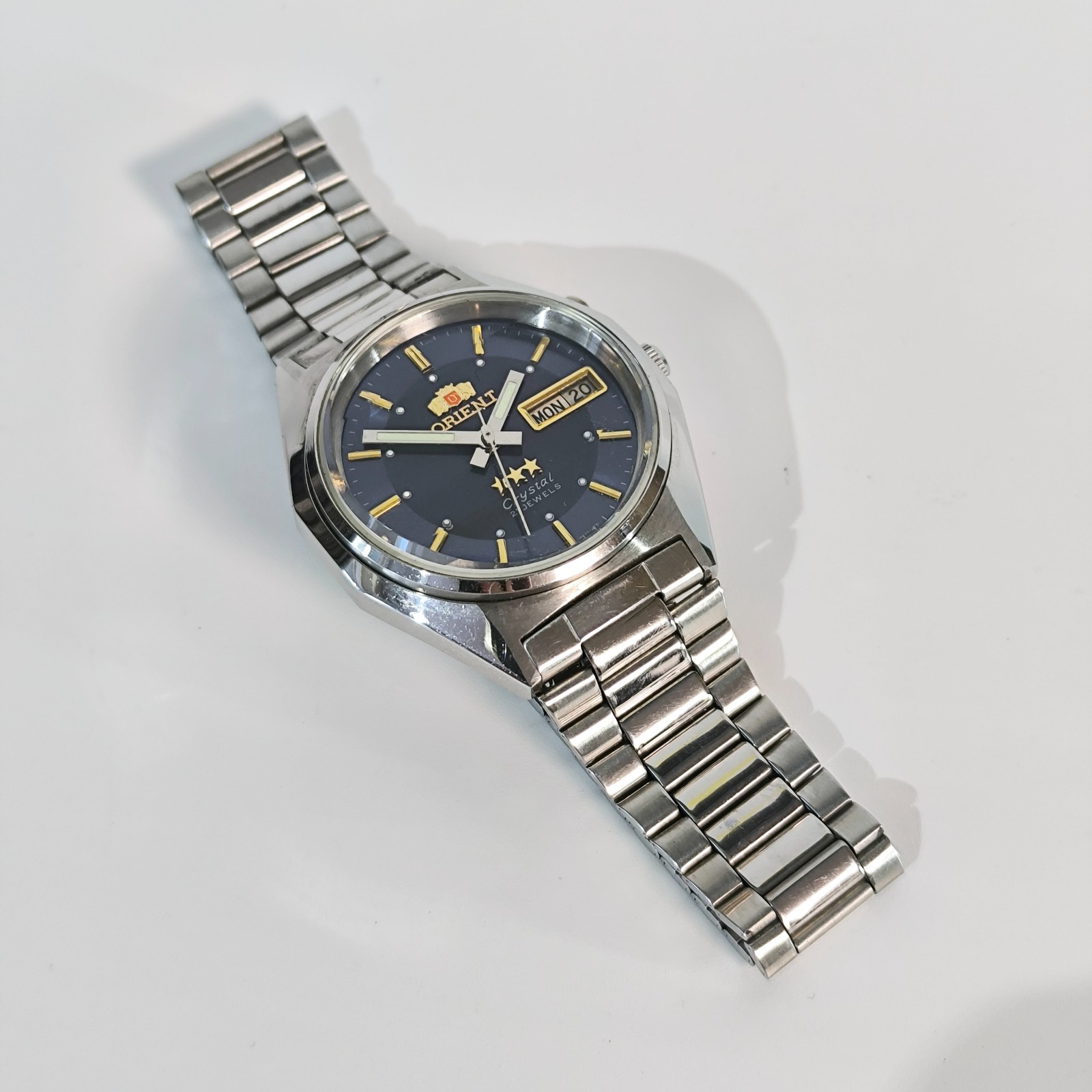 Vintage Orient 3 Star Automatic Watch Day Date Blue Dial 21 Jewels Japan