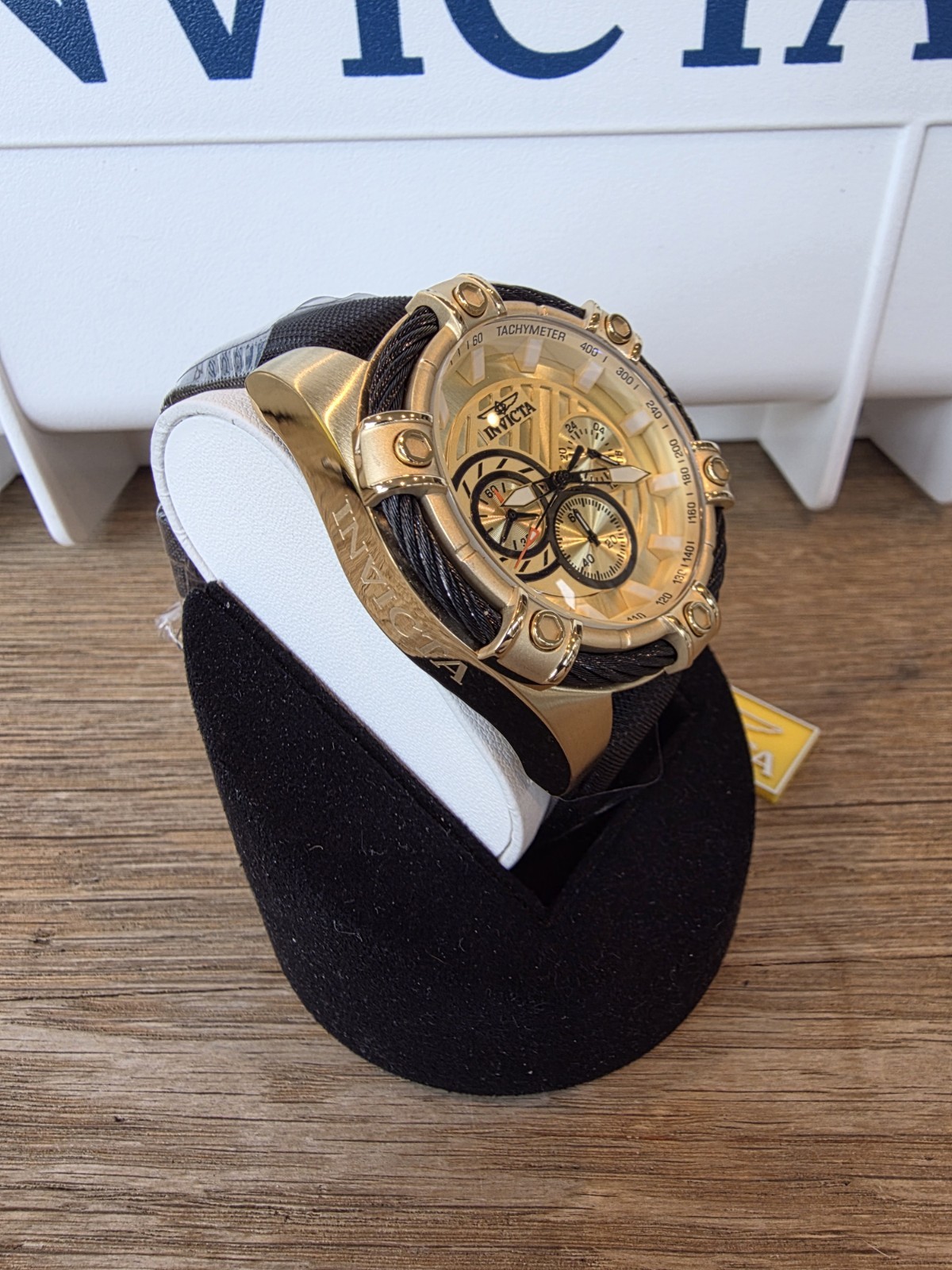 Invicta Bolt Ace Chronograph Quartz Gold Dial Black Leather Men’ Wristwatch 52mm
