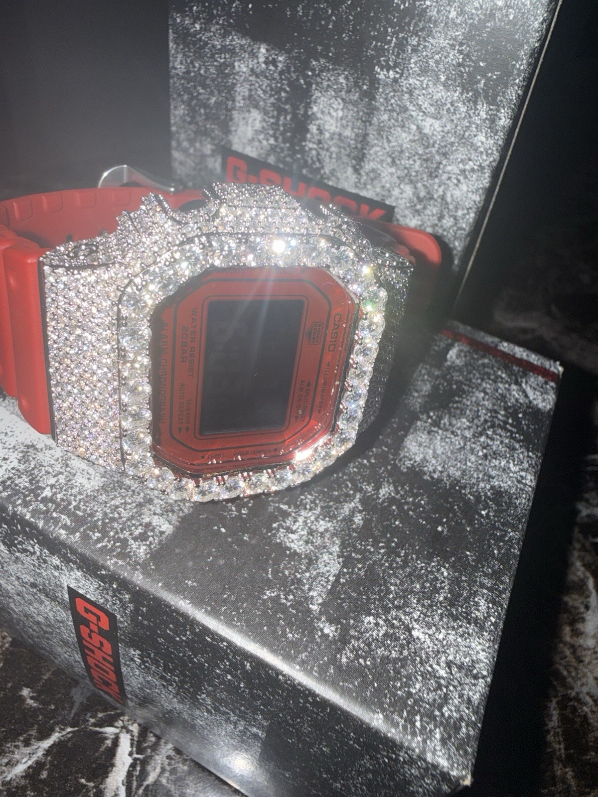 Casio G-SHOCK Digital 200m DW-5600 Red Resin Strap Custom Iced Bezel w/Box
