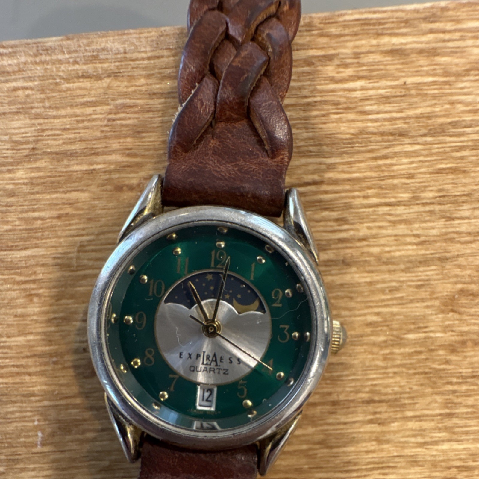 Express Quartz Moon Phase Wristwatch Green Dial Brown Leather Band Silver Case