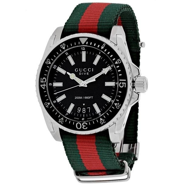 GUCCI Dive 45MM Black Matte Dial Green Red Web Nylon Watch YA136209A