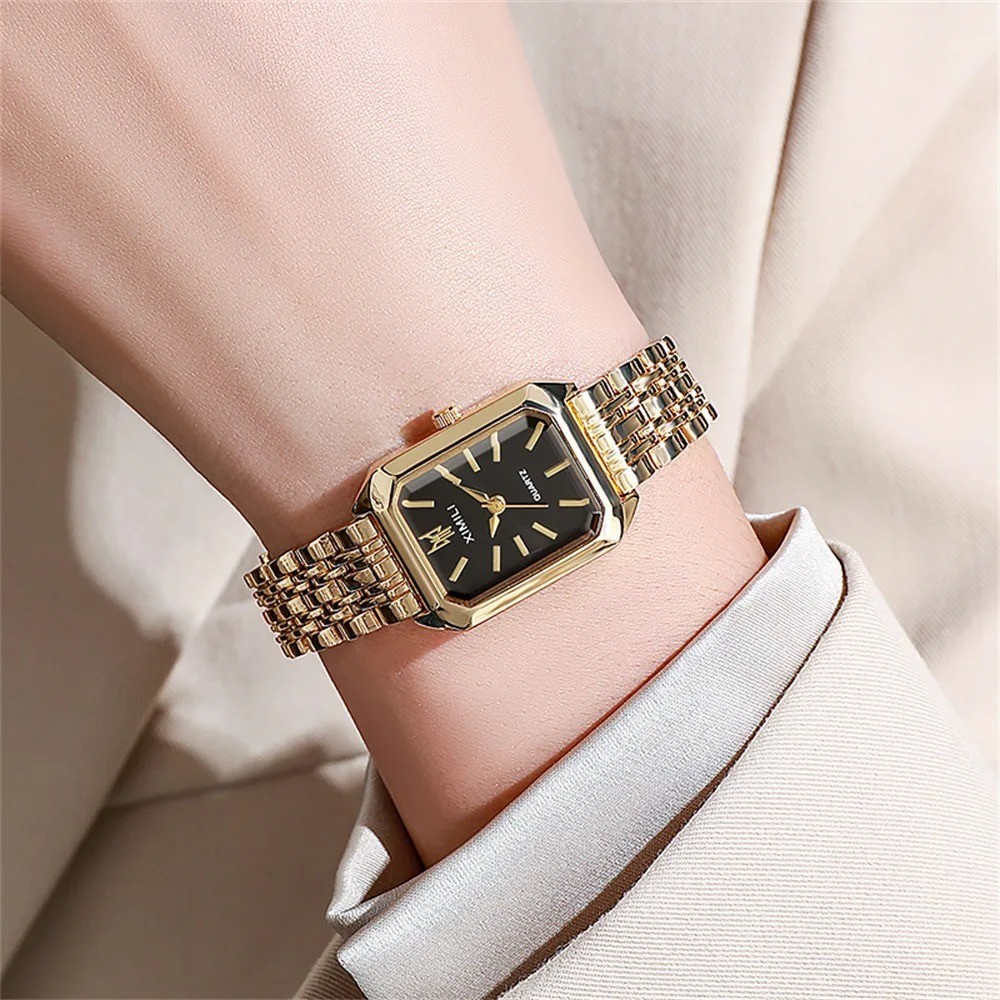 Luxury Ladies Fashion Quartz Watch Simple Scale Square Quality Gold Women
