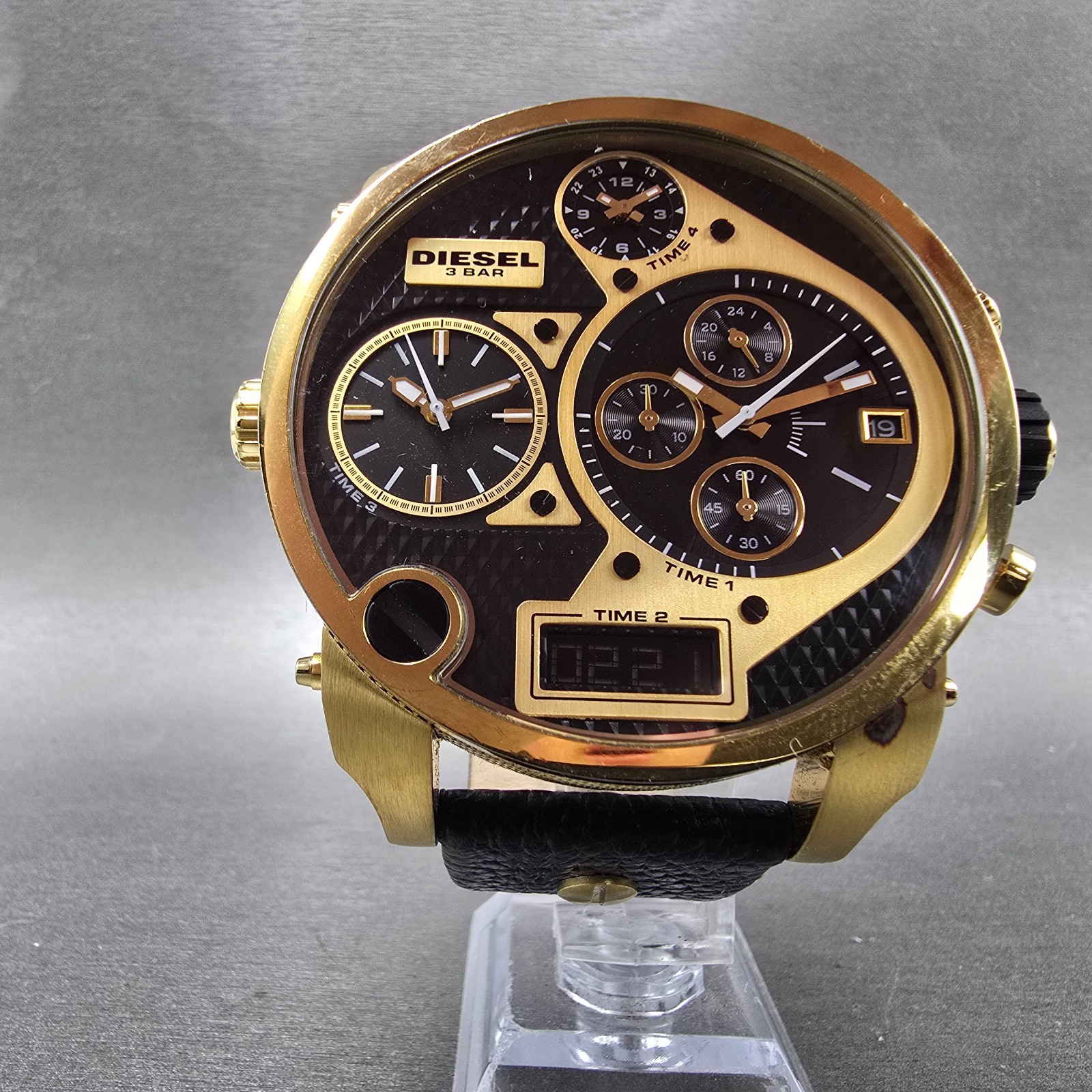 Diesel Mr. Daddy Watch Men 52mm Black Dial Gold Chronograph Digital New Battery