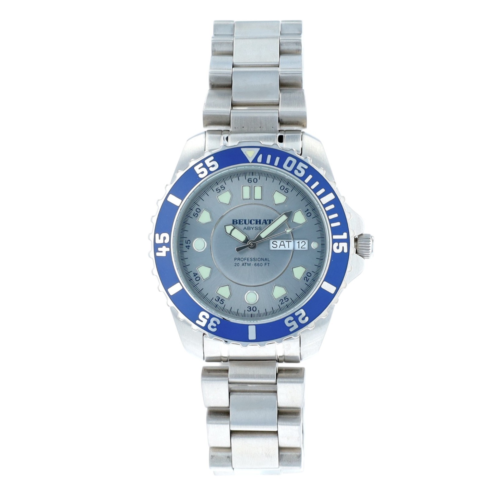 Beuchat Abyss Professional Mens Gray Blue Watch 200M Swiss Diver Steel Day Date