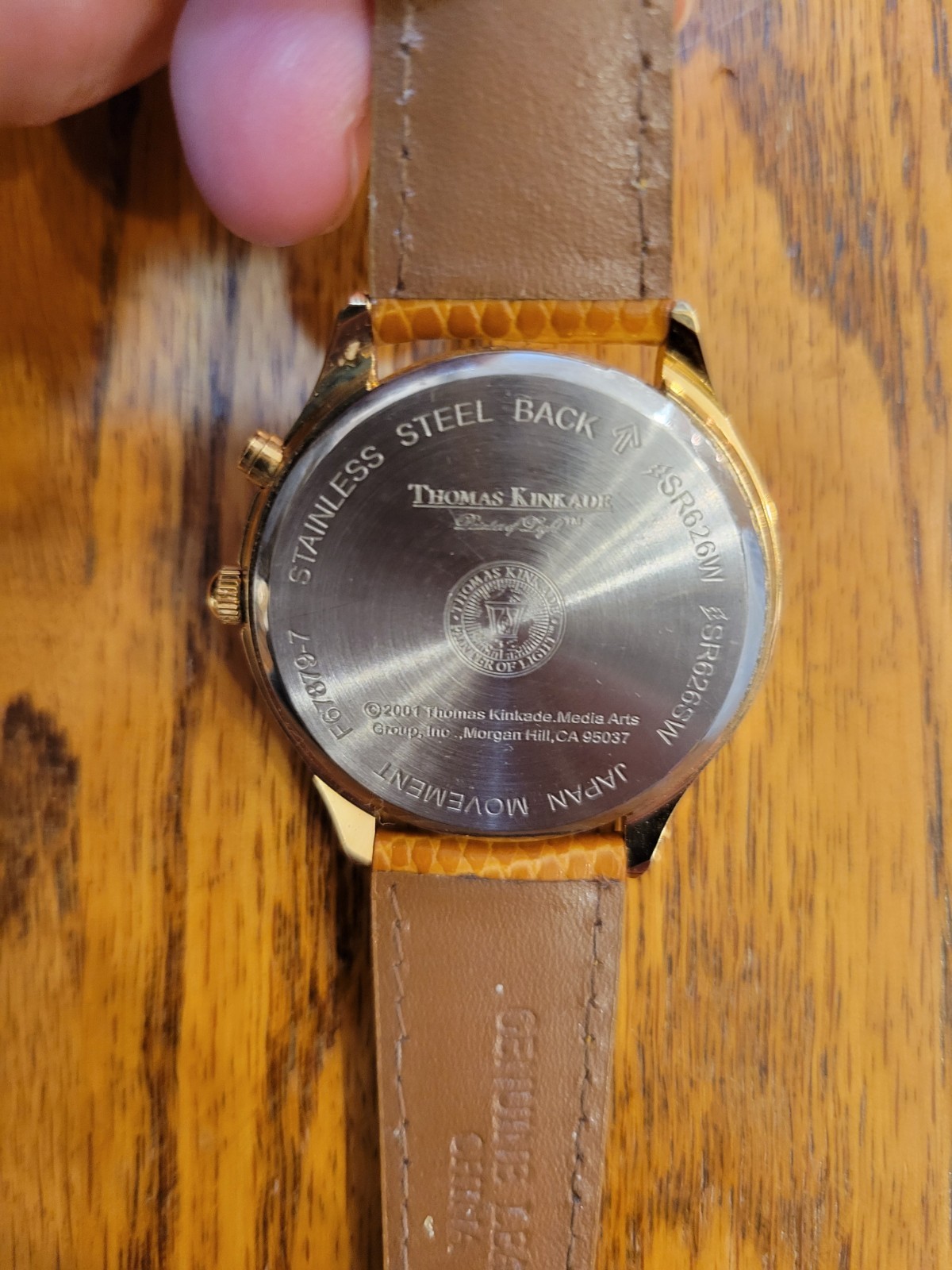 Thomas Kinkade Lighthouse Art Quartz Wristwatch Gold Tone Brown Leather Band