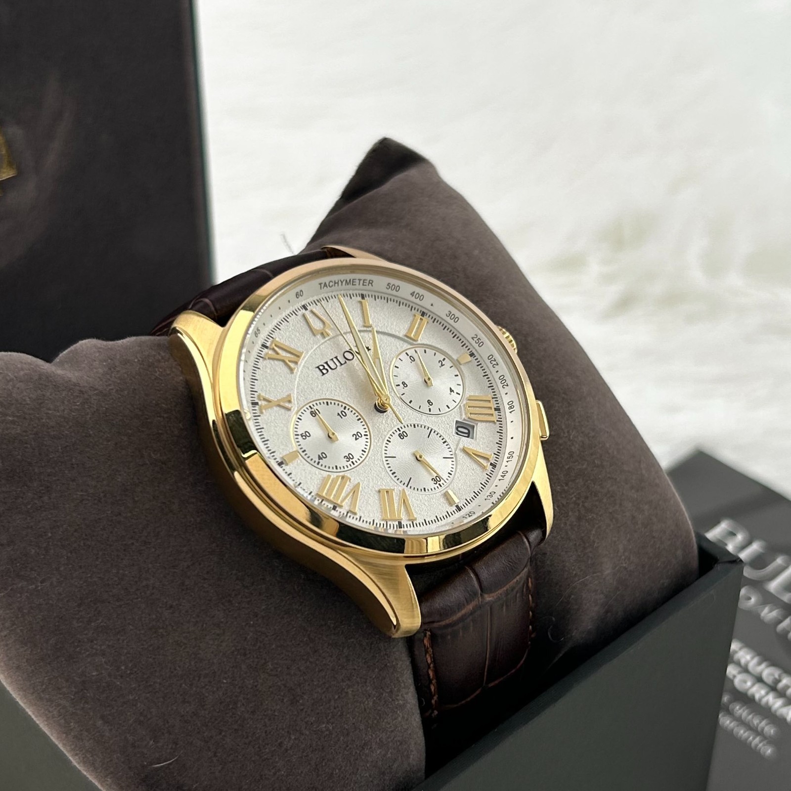 Bulova 97B169 Wilton Chronograph Gold Tone Brown Leather Men’s Watch 46.5mm