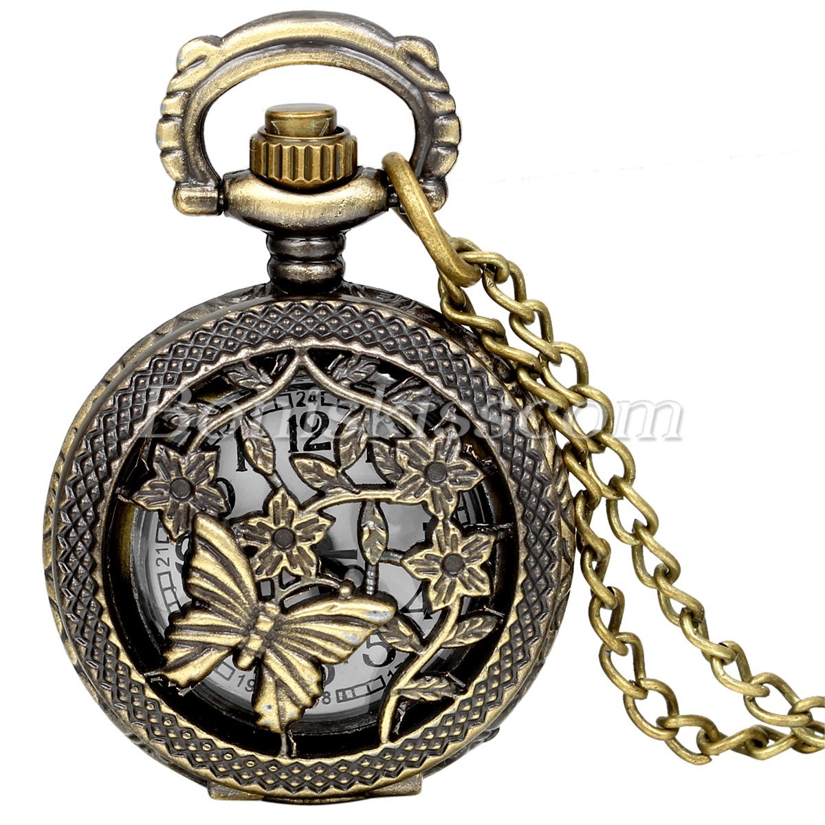 Retro Bronze Tone Hollow Butterfly Arabic Number Quartz Small Pocket Watch Chain
