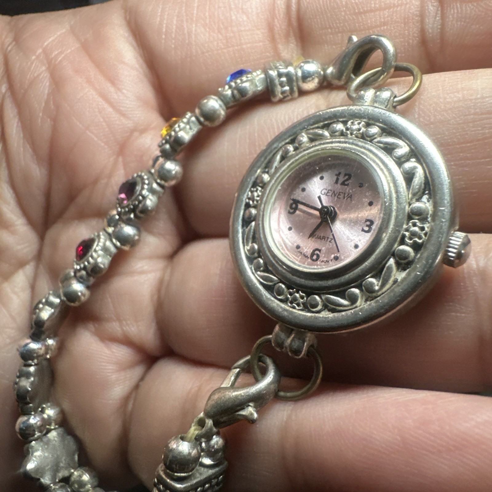 Working Geneva Pink dial Colorful Stone Bracelet Ladies Watch Silver Tone 26mm 7