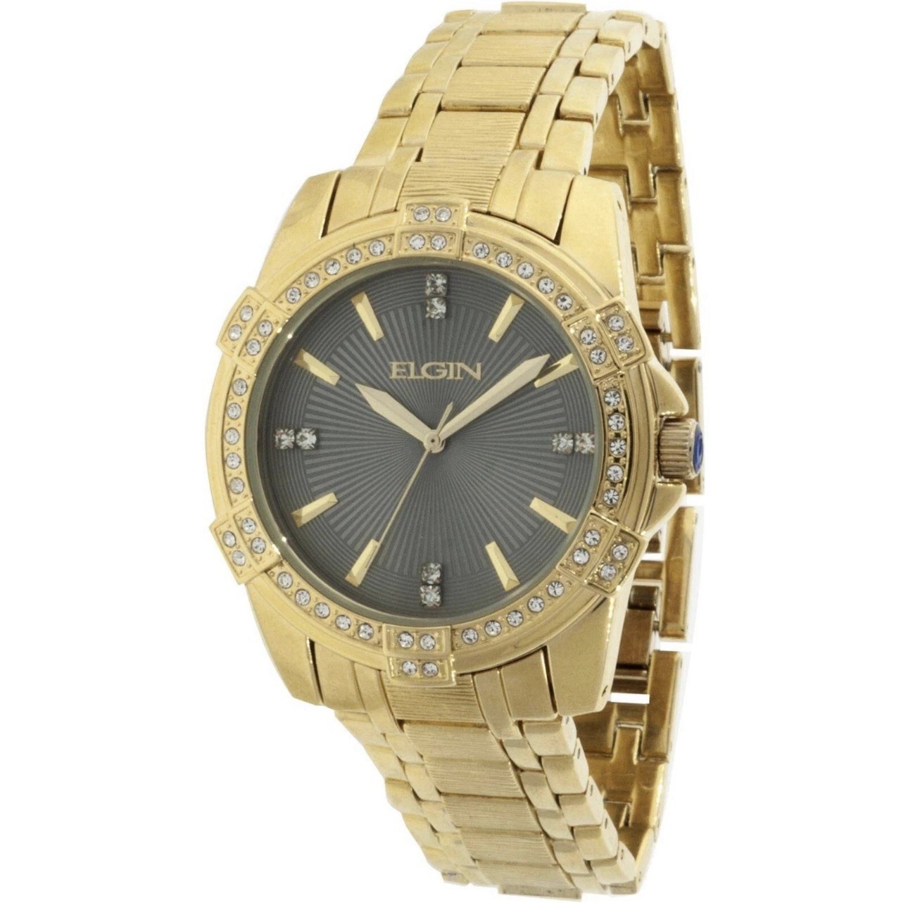 Elgin Men’s Watch Bracelet Set Gold Tone with 54 Crystals Gem Bezel FG10009ST