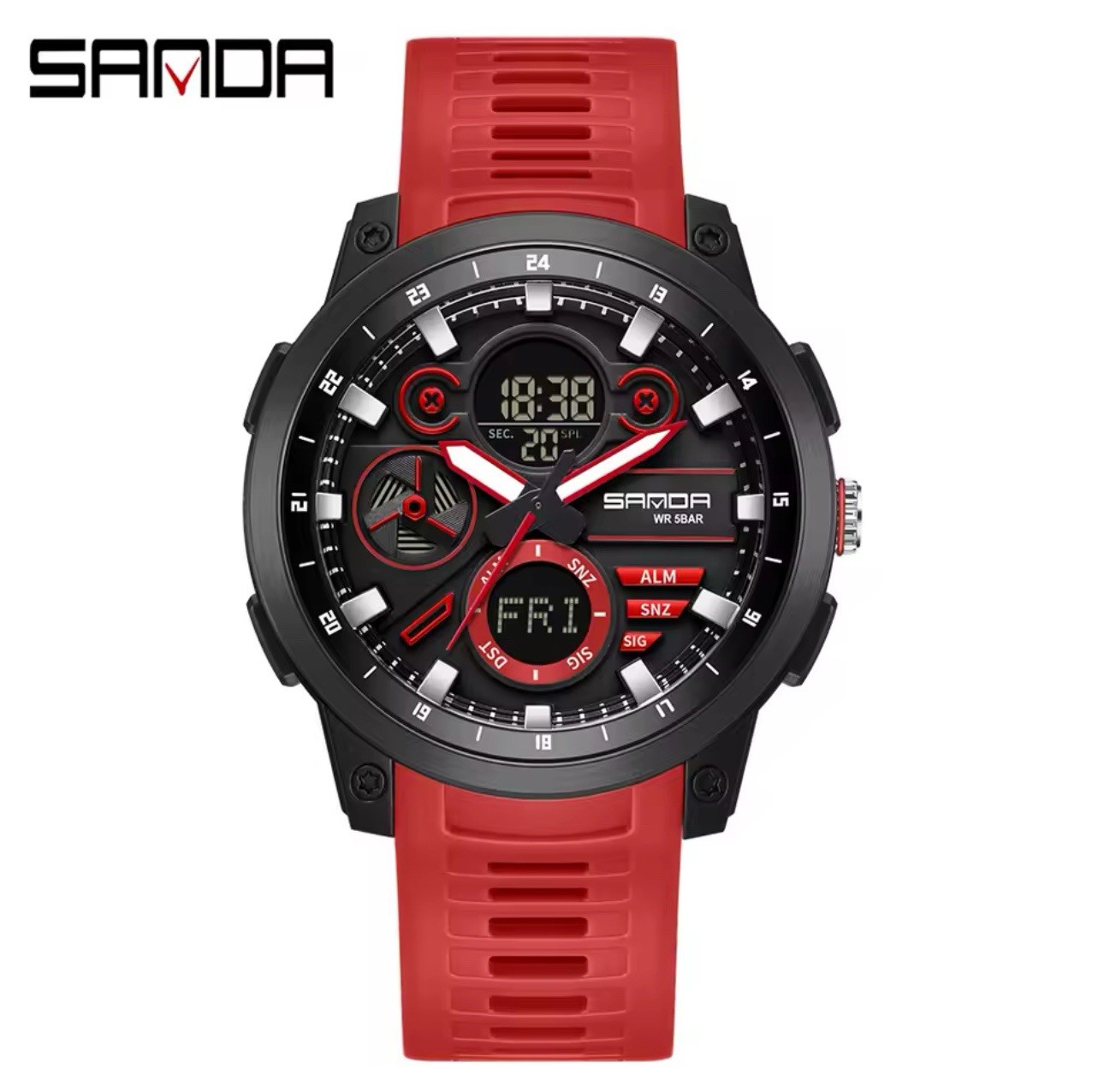 SANDA Men’s Quartz Analog-Digital Watch Day/Date Alarm 5ATM TPU Strap 22mm