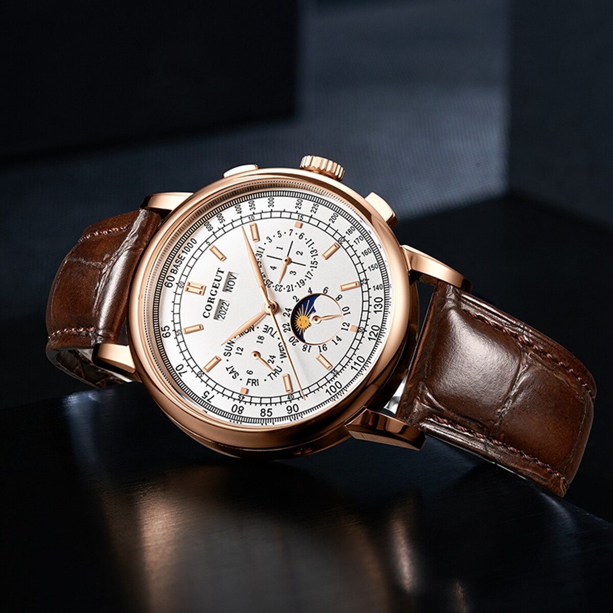 42mm corgeut pink dial multifunction Sea-gull 1655 automatic mens watch