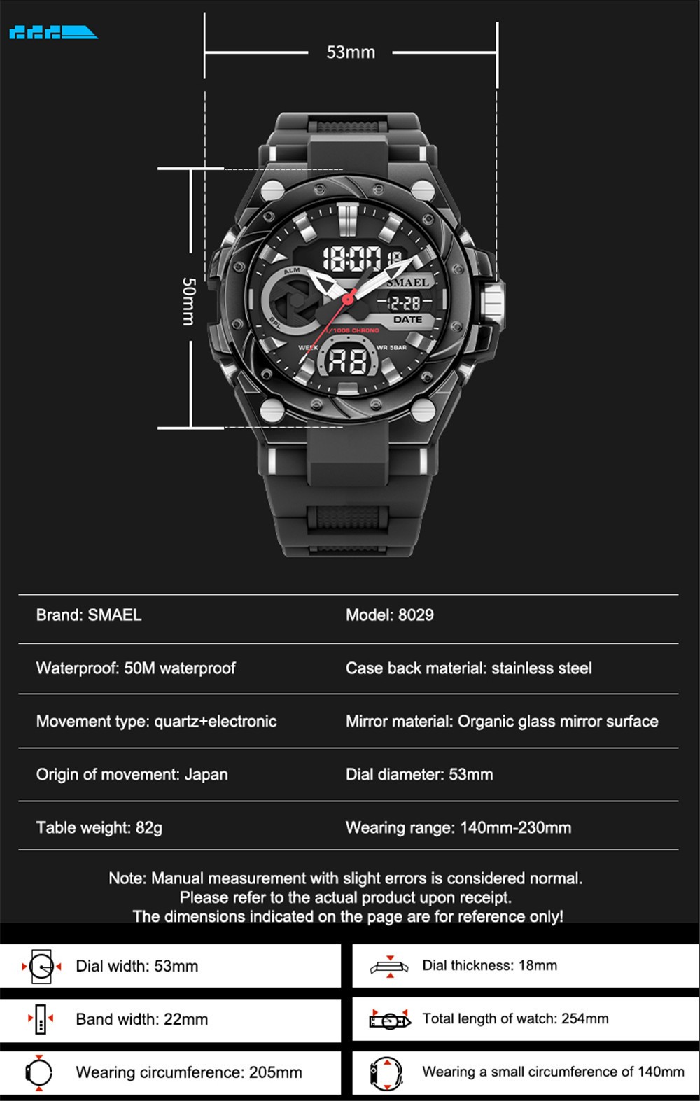 SMAEL Men Digital Sport Watch Large Dial LED Alarm Wristwatch Boy Military Watct