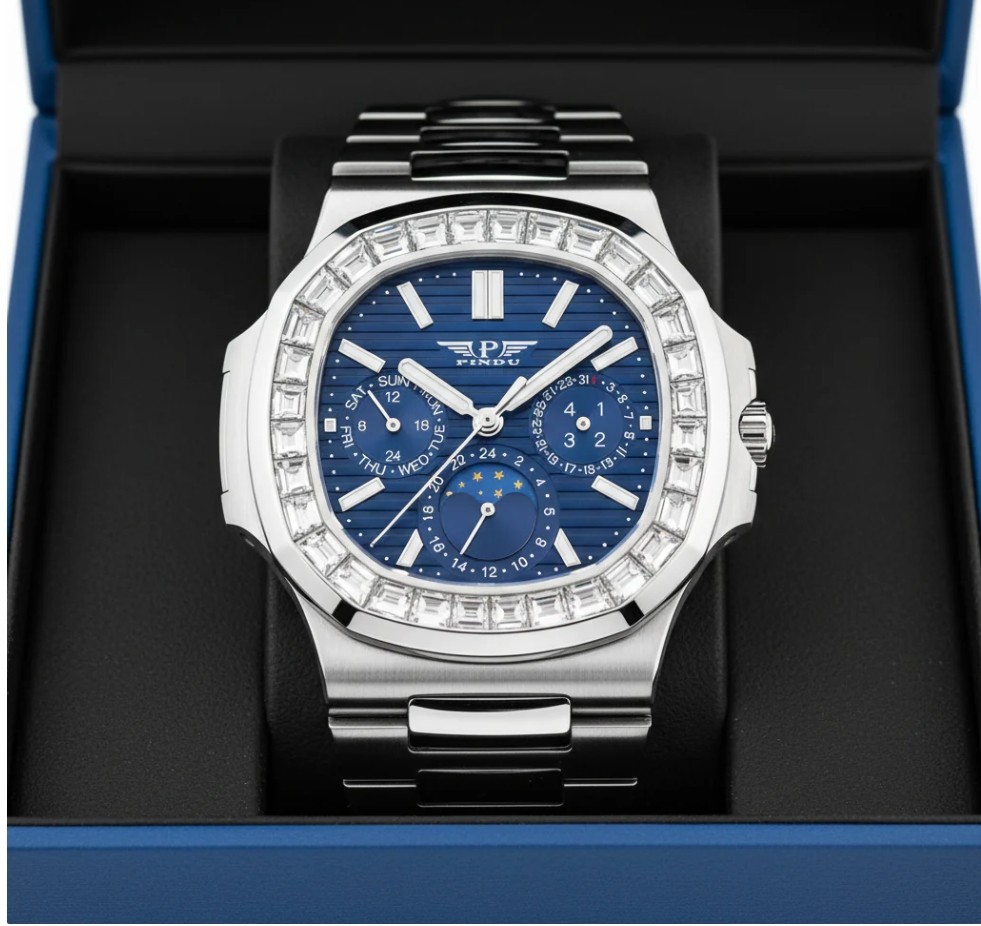 🔥USA🔥PINDU P6502 Men’s Automatic Blue Watch Square Diamond Moon phase