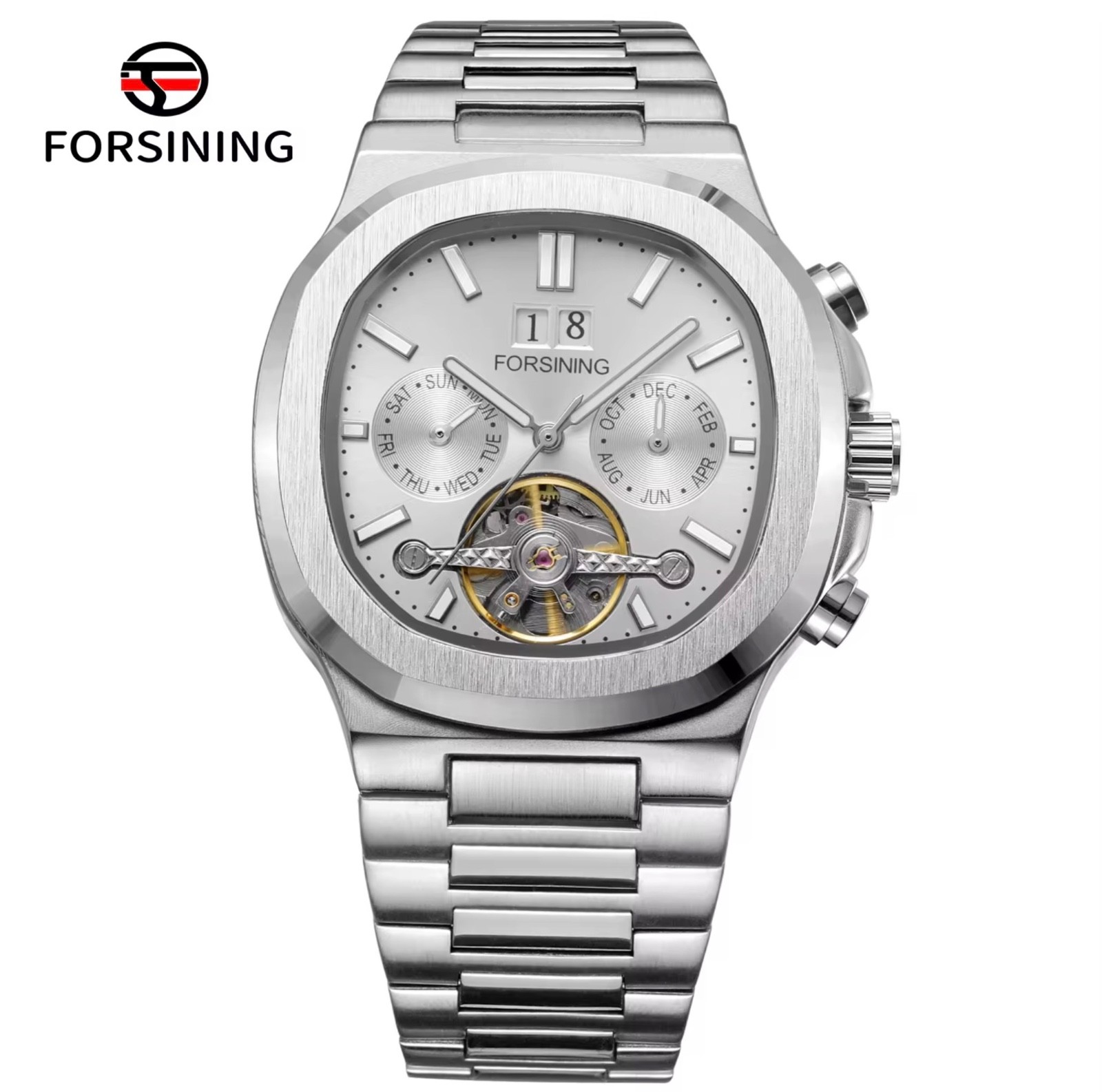 FORSINING Brand Tourbillon Men’s Automatic Mechanical Stainless Steel Band Watch