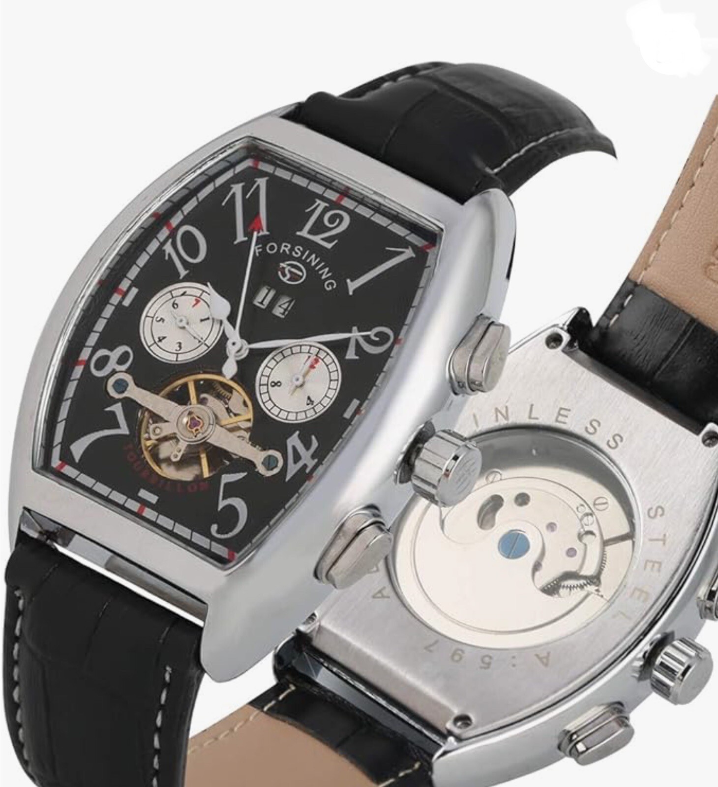 Forsining Automatic Watch Men Sport Tonneau Shaped Leather Waterproof Date Gift