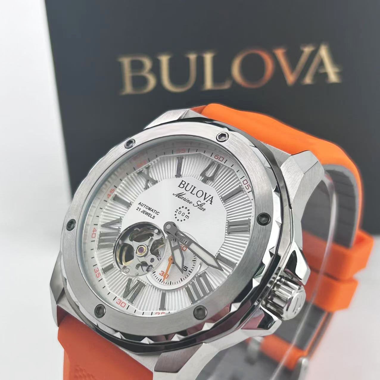 Bulova Marine Star Men’s Automatic Watch White Dial Orange Rubber Strap 98A226